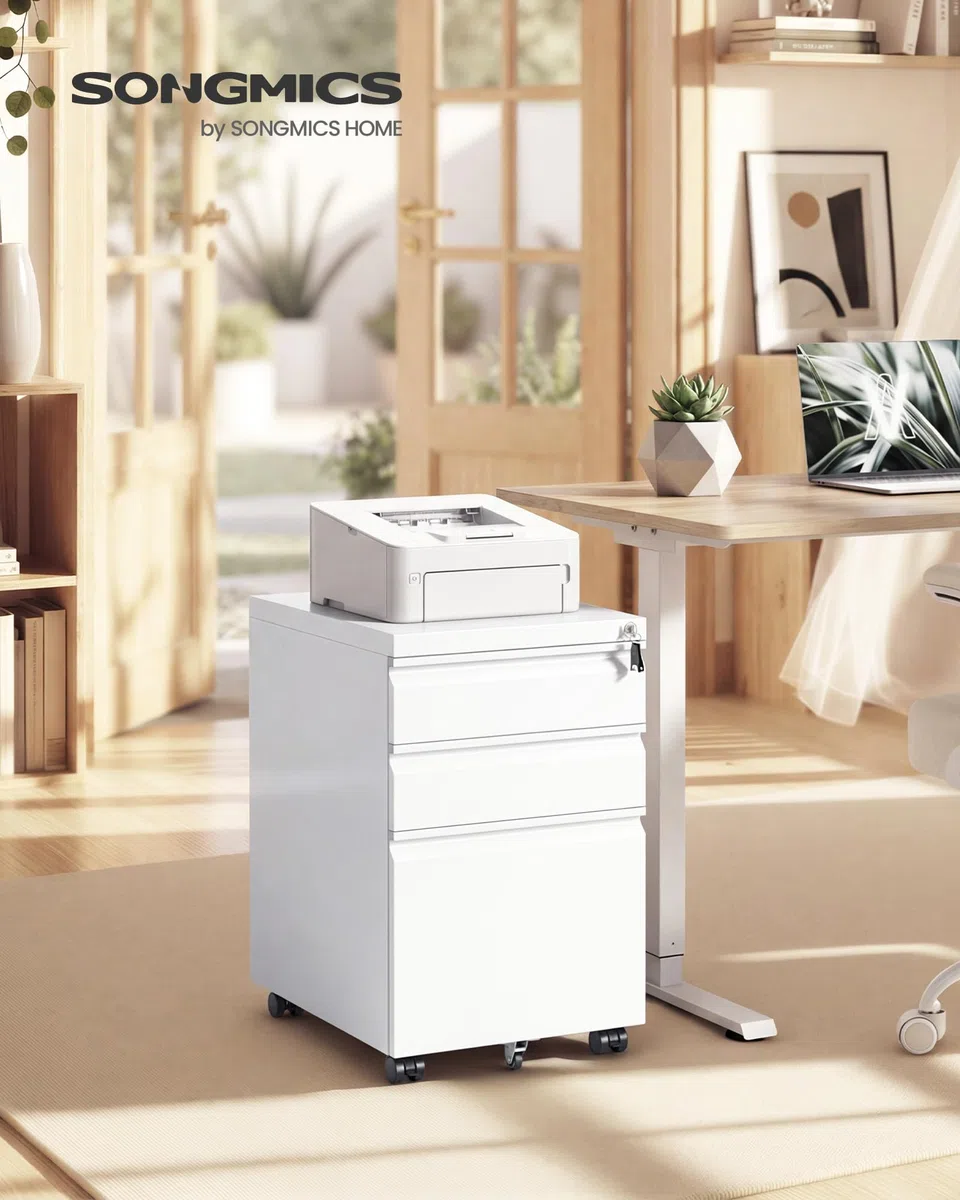 SONGMICS Mobile per Documenti a 3 Cassetti, Cassettiera da Ufficio in Metallo, Acciaio, 3 Cassetti con Serratura, Supporto con Ruote per Stampante, 39 x 50 x 62 cm, Bianco Opaco OFC033W101