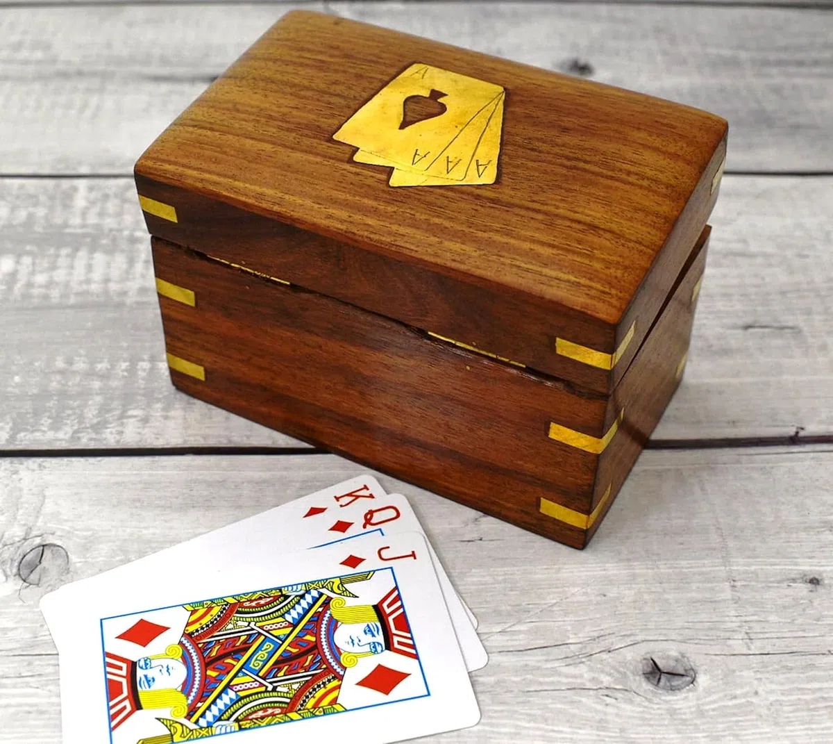 Ajuny Scatola per Carte da Gioco a Doppio Piano in Legno Realizzata a Mano con 2 Set di Carte da Gioco in Ottone Fine Regalo di Inaugurazione Della Casa