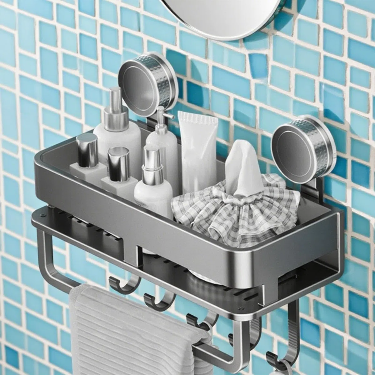 Contenitore per condimenti, organizer per condimenti da cucina, con ventosa, con 5 ganci, gadget da cucina per piastrelle, vetro, metallo, marmo, dispensa, soggiorno, appartamento,