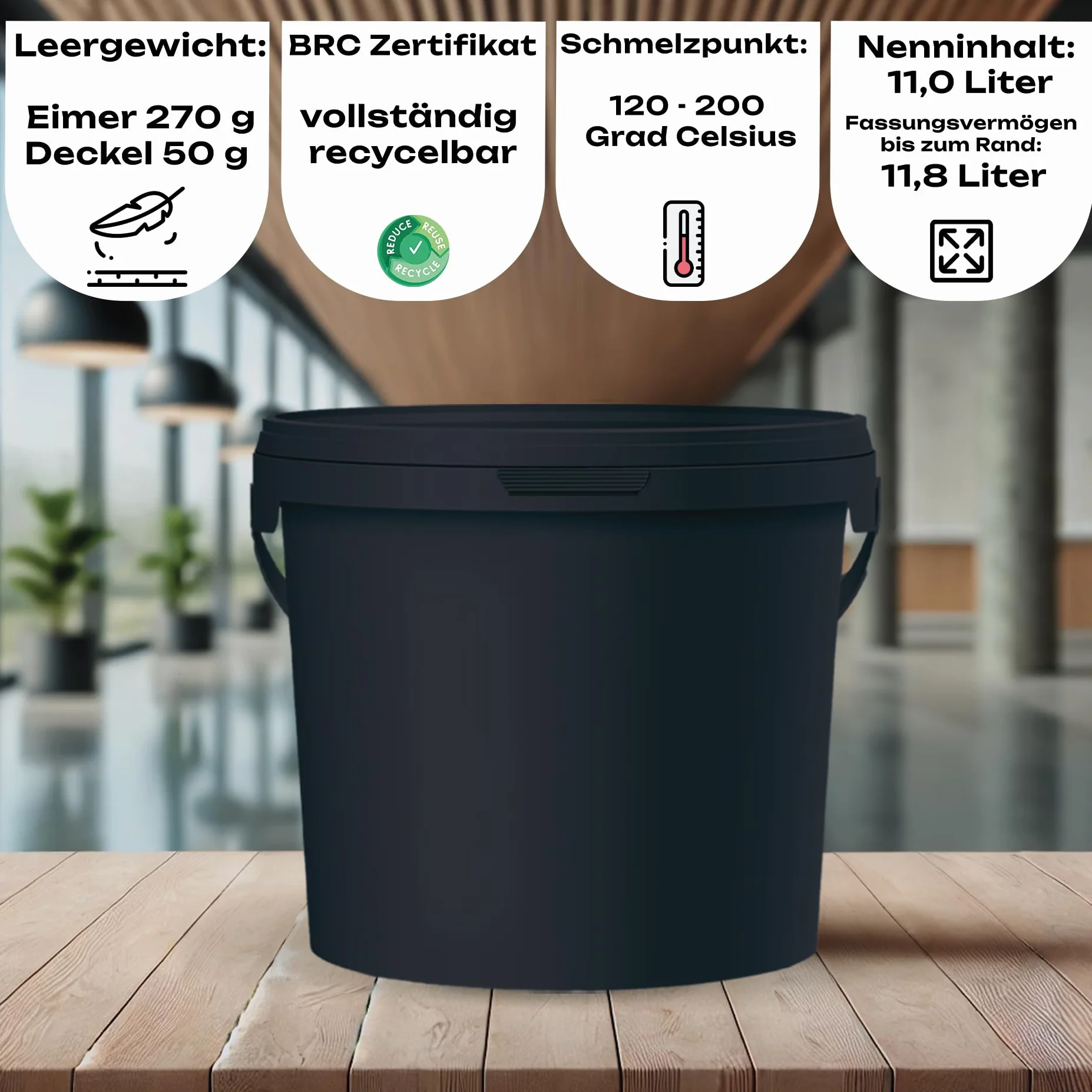 POSH Secchio con coperchio – Nero, in plastica, per alimenti, impermeabile, inodore, robusto, stabile, ermetico, secchio con maniglia (3, 10L)
