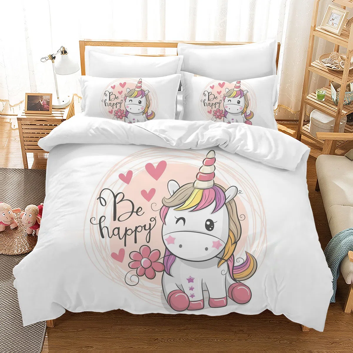 Set di biancheria da letto per bambini, con copripiumino e 2 federe, motivo unicorno, in microfibra, con chiusura lampo (Stile C, 135 x 200 cm)