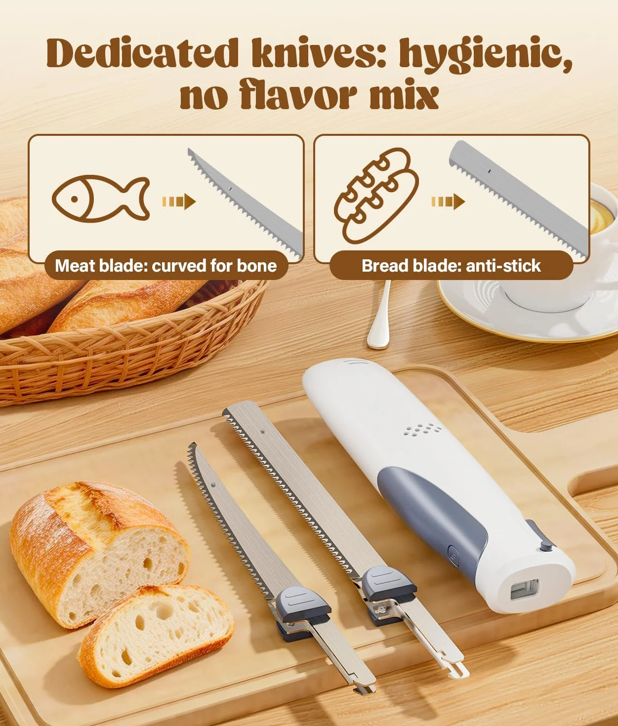 PAHTTO Coltello Elettrico Senza Fili con 2 Lame in Acciaio Inossidabile e Forchetta, 8V con Blocco di Sicurezza, per Carne, Pesce, Pane, Formaggio
