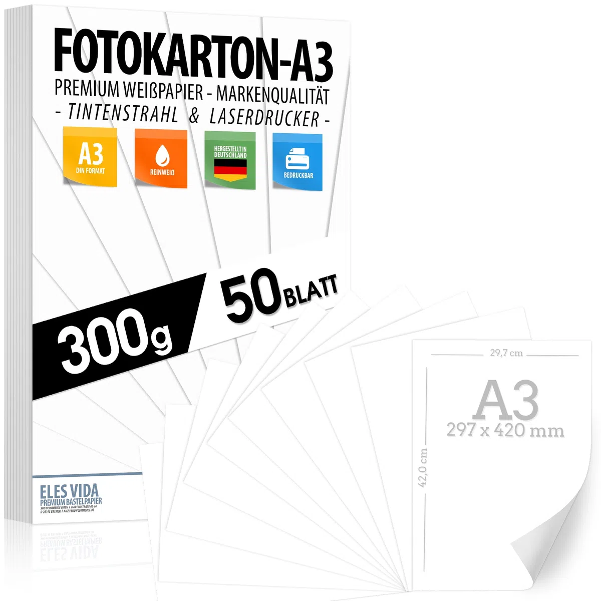 Cartoncino A3 da 300 g/m², 50 fogli di cartoncino fotografico, di alta qualità, bianco puro, per foto, presentazioni, artigianato, foto, cartone, prodotto in Germania