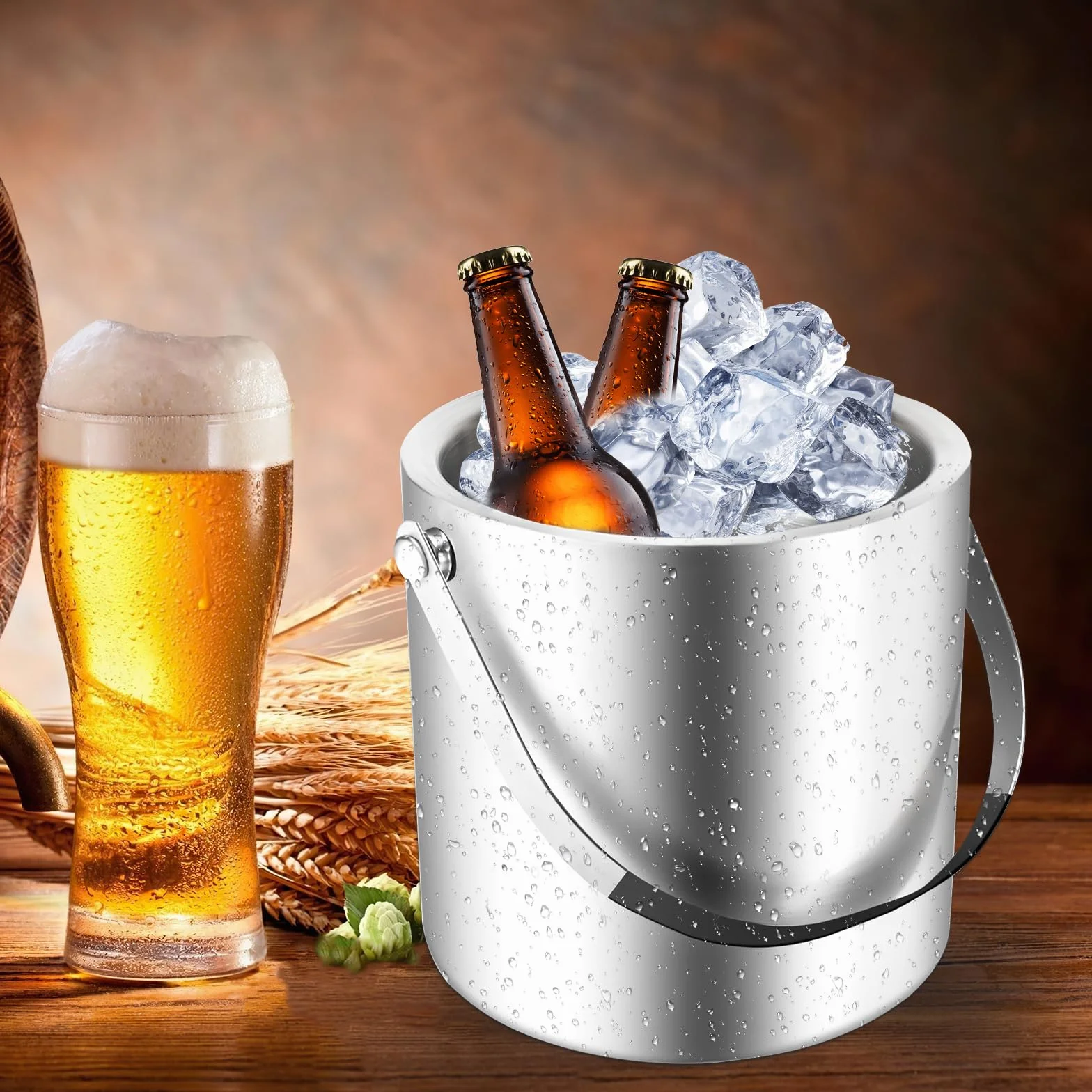 Sprifityy 3,2L Secchiello per Ghiaccio a Doppia Parete in Acciaio Inox,con Coperchio in Silicone, pinze e Filtro,Secchiello Ghiaccio Acciaio Inox,Ideale per Famiglie e Bar