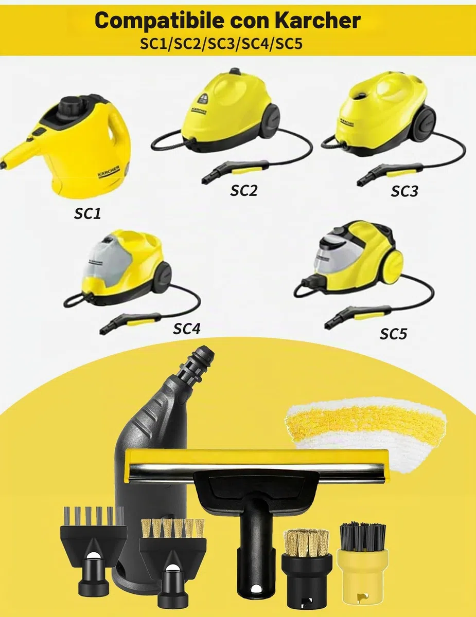 9 pezzi per Kärcher pulitore a vapore accessori SC1 SC2 SC3 SC4 SC5, spazzola rotonda, spazzola piatta, ugello curvo, spazzola a vapore manuale, rivestimento per panno di pulizia per Kärcher pulitore