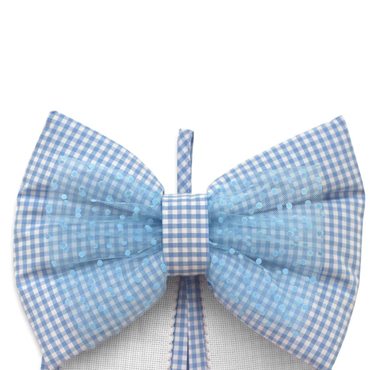 Fiocco Nascita da ricamare a punto croce, Coccarda Nascita da ricamare a punto croce, Banda in tela Aida, fantasia quadretto e fiocco in tulle con cuoricini (07 Azzurro)