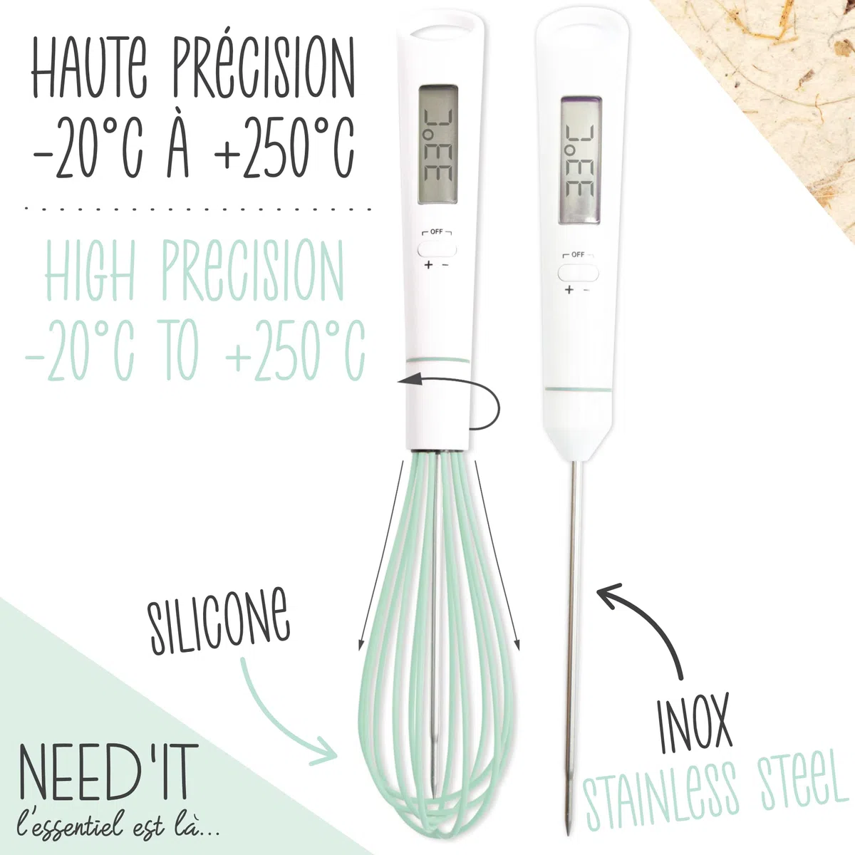 ScrapCooking 5167 - Frusta termometro per pasticceria 2-in-1, termometro da cucina per cottura al cioccolato, caramello, zucchero, con sonda di temperatura rimovibile, in silicone, compatibile con