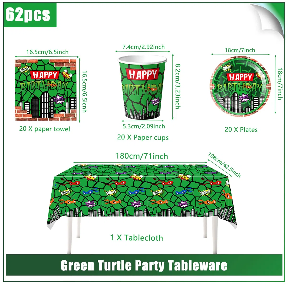 61 pezzi Set di stoviglie per feste di compleanno per bambini Green Turtle, festa di compleanno per bambini Superhero Turtle Shell, tazze, piatti, tovaglioli, tovaglia, adatto per 20 ospiti