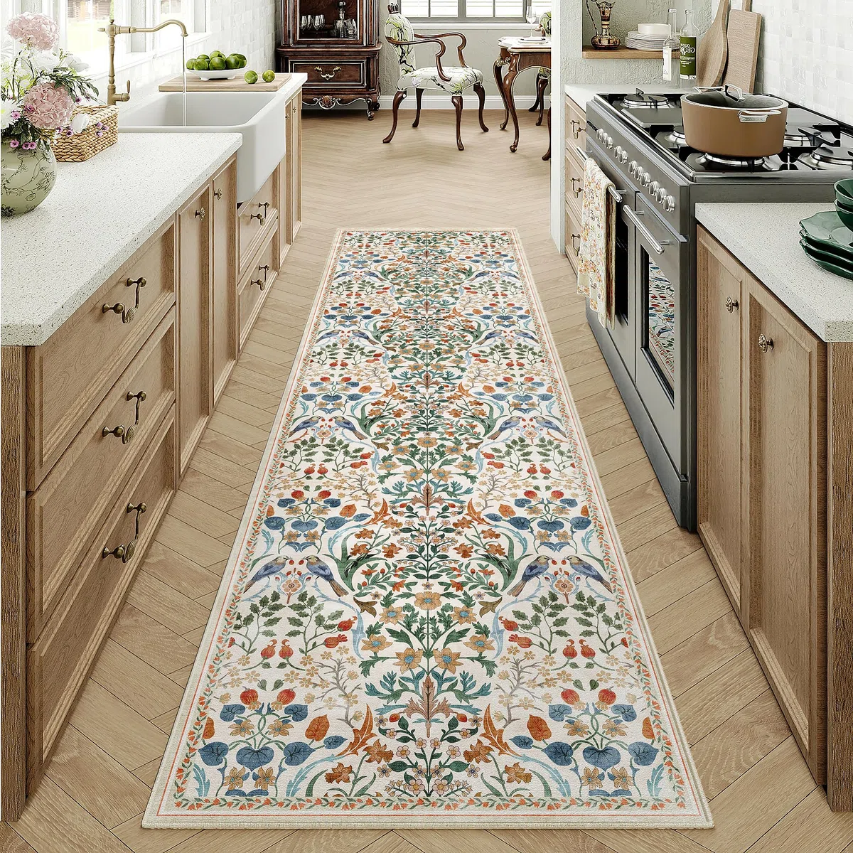 PureCozy Tappeto Corridoio 60x240cm Floreale Pelo Corto Antiscivolo Morbido Retro Lavabile Tappeti per Cucina Corridoio Piedi Del Letto Camera Da Letto Salotto Beige Rug