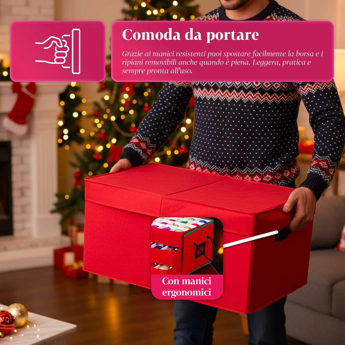 Wintem – Scatola Porta Addobbi di Natale con 3 Cassetti Estraibili per 72 Palline di Natale, Struttura Rigida in TNT 51x35x24 cm, Zip Robusta e Etichetta Trasparente per Conservazione Ordinata