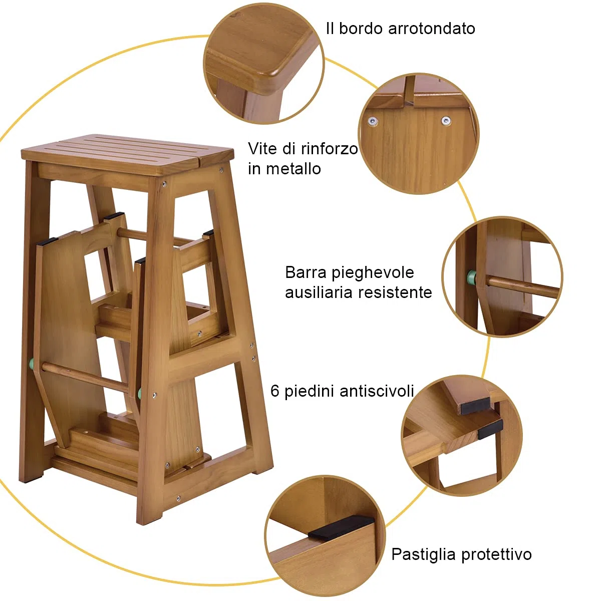 DREAMADE Sgabello Scaletta in Legno Sedia Scala Richiudibile a 3 Gradini per Casa Negozio (Marrone Chiaro)