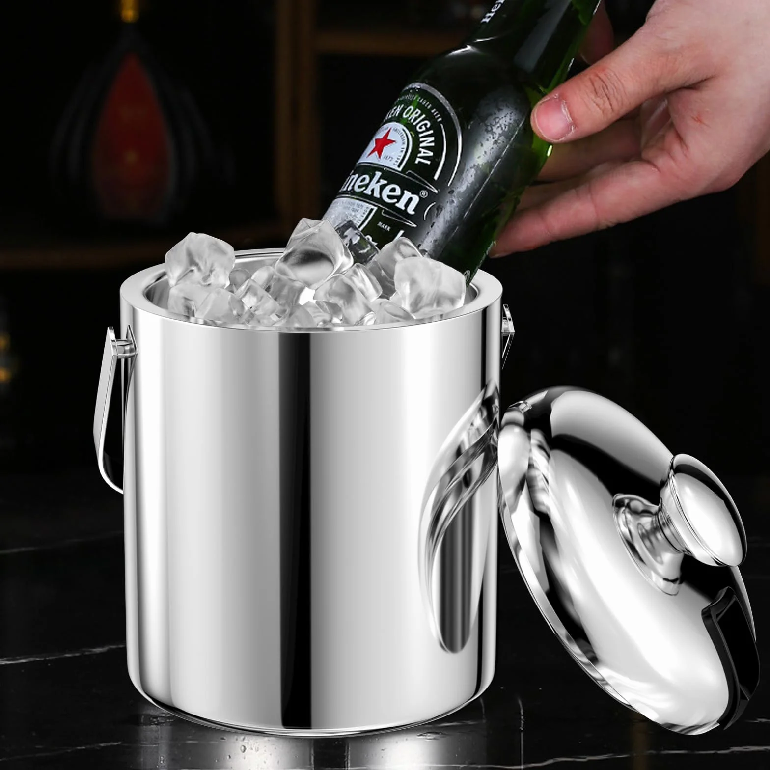 1.3 L Secchiello Ghiaccio in Acciaio Inox, Secchiello per Ghiaccio con Coperchio, Pinze e Colino, Portaghiaccio, LCE Bucke, Contenitore del Cubetto di Ghiaccio, per Cocktail Bar, Feste