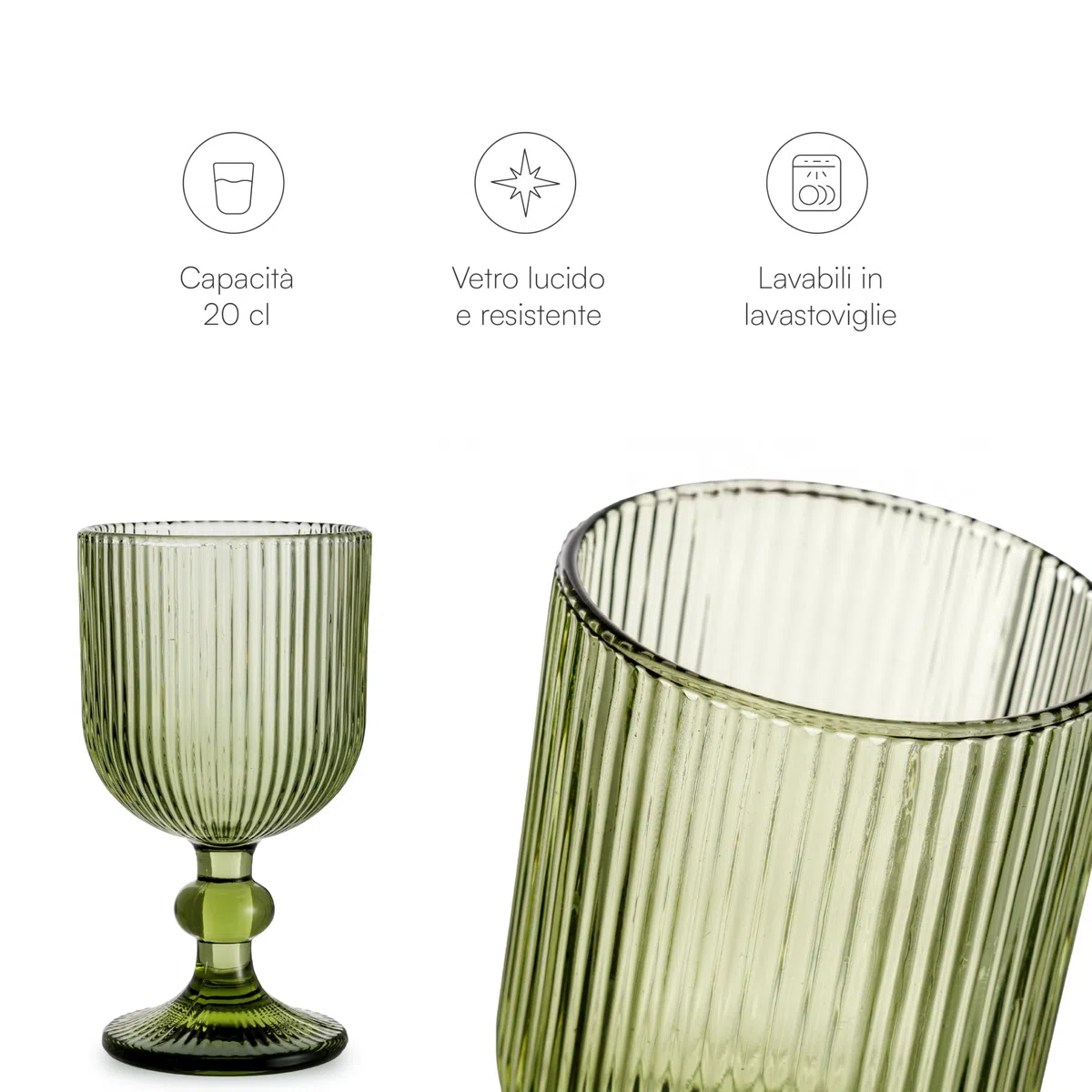 Baroni Home Set 6 pz di Calici in Vetro Colorati e Decorati con Righe in Rilievo 20 CL, Calici Eleganti Lavabili in Lavastoviglie, 8x8x14,5 cm, Verde