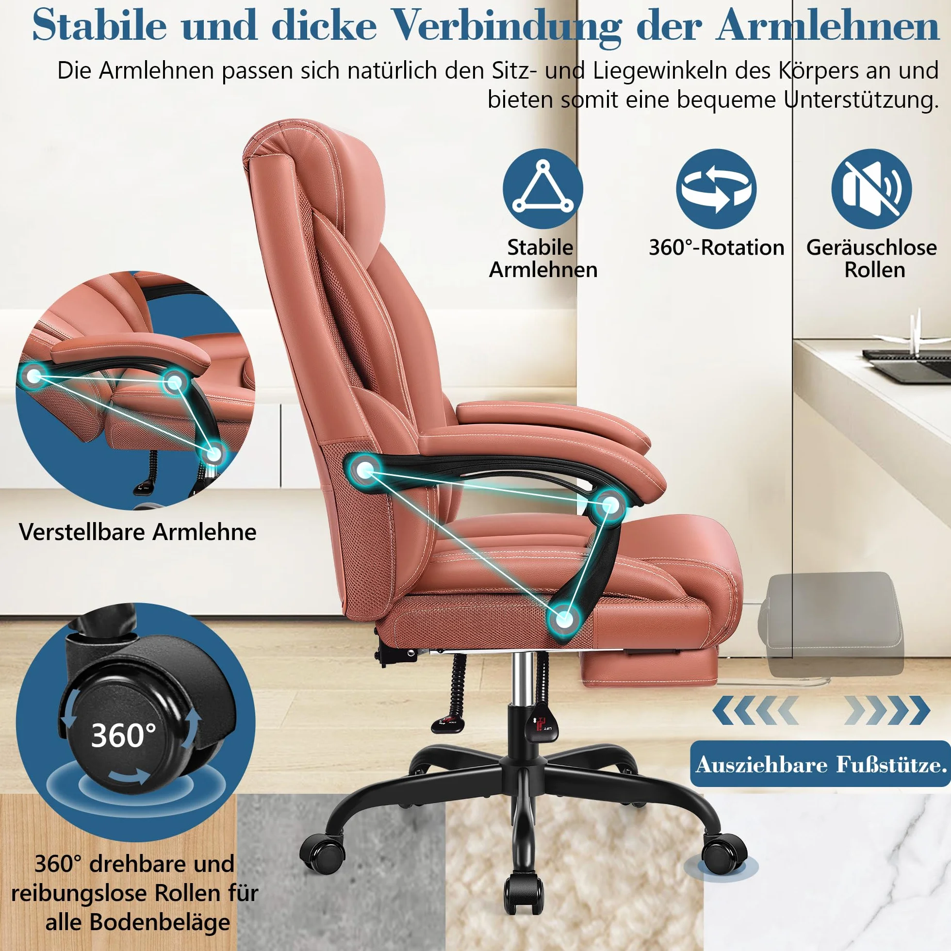 FelixKing Sedia da ufficio ergonomica in pelle PU, schienale alto, sedia da computer inclinabile con poggiapiedi, supporto lombare, regolabile in altezza (marrone opaco)