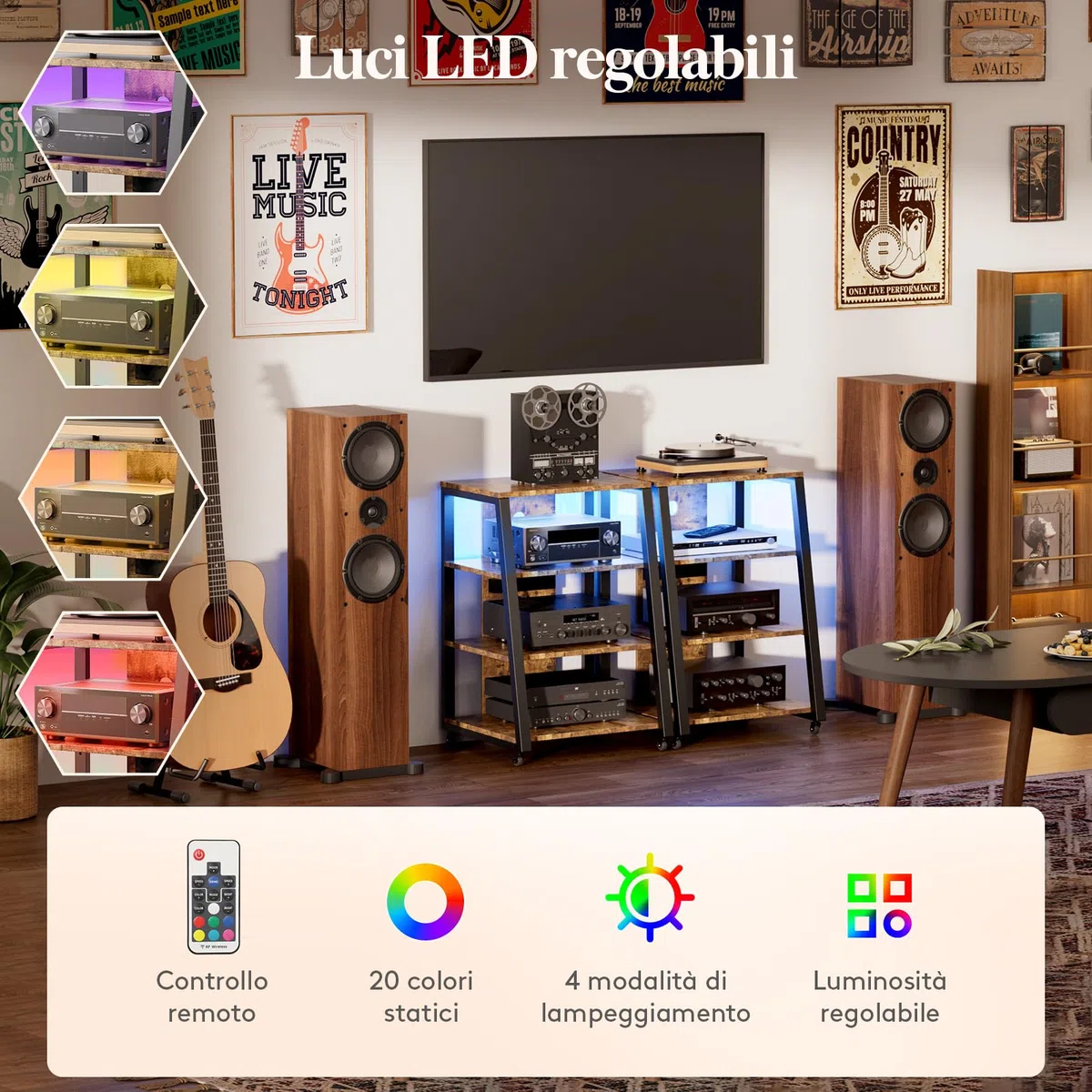 Lifewit Supporto audio a 4 livelli con prese elettriche e luci a LED, in legno e acciaio, per giradischi e impianti stereo e impianto compatto, marrone