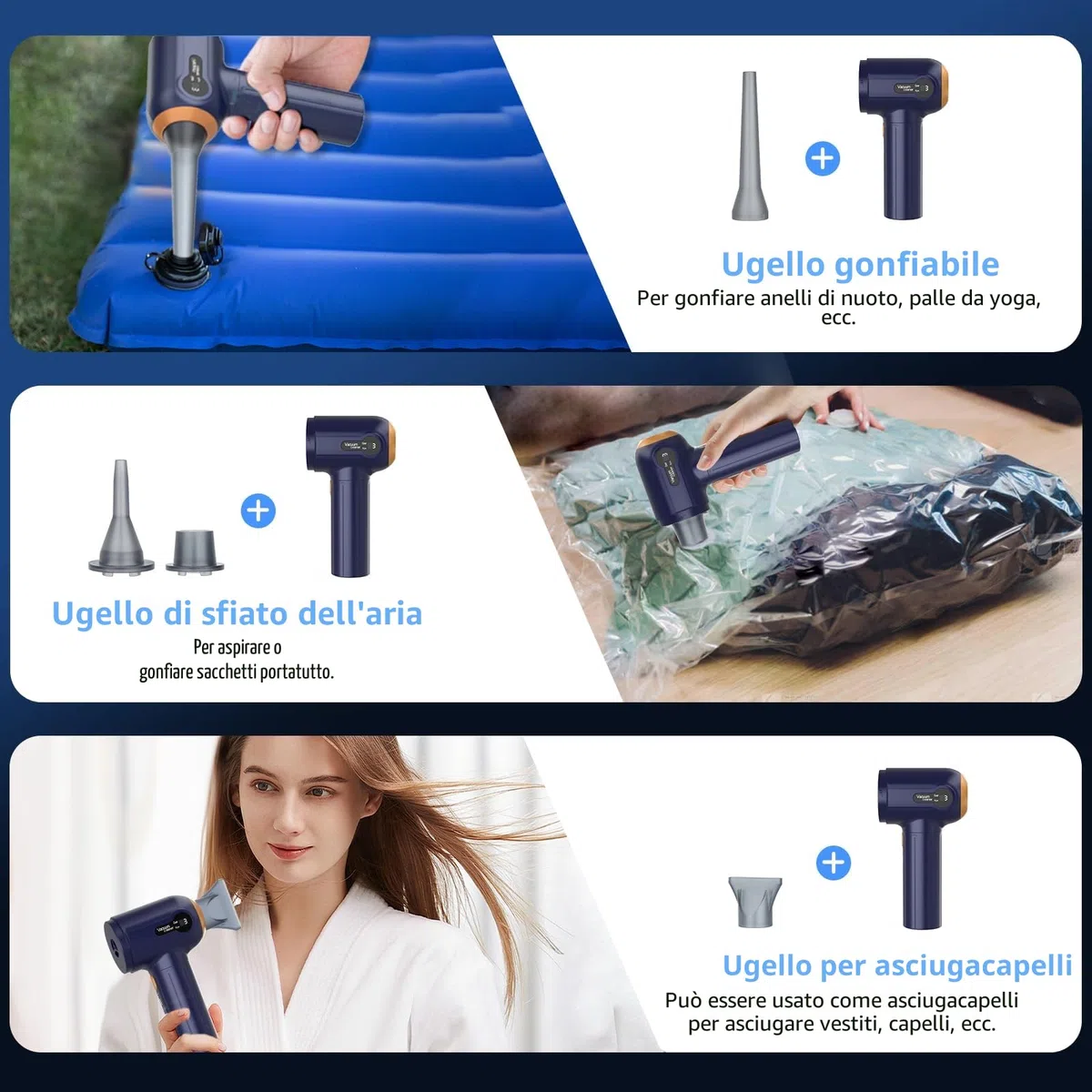 Tiazhan Aspirapolvere manuale, 15000 Pa, potente aspirapolvere a mano, 4 in 1, leggero soffiatore di polvere e aspirapolvere, display a LED, mini aspirapolvere ricaricabile USB, per auto (Blu)