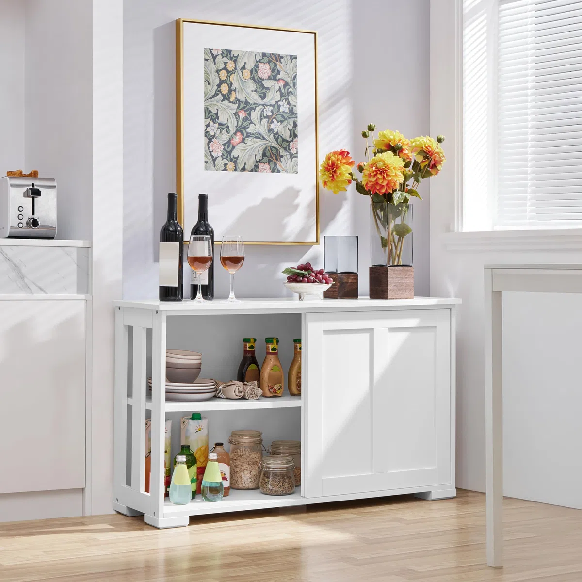 Yaheetech Credenza Mobile da Cucina Bianco con 2 Ante Scorrevoli Salvaspazio e Ripiano Regolabile in Legno Mobiletto TV da Salotto Soggiorno 106,7 x 33 x 63 cm
