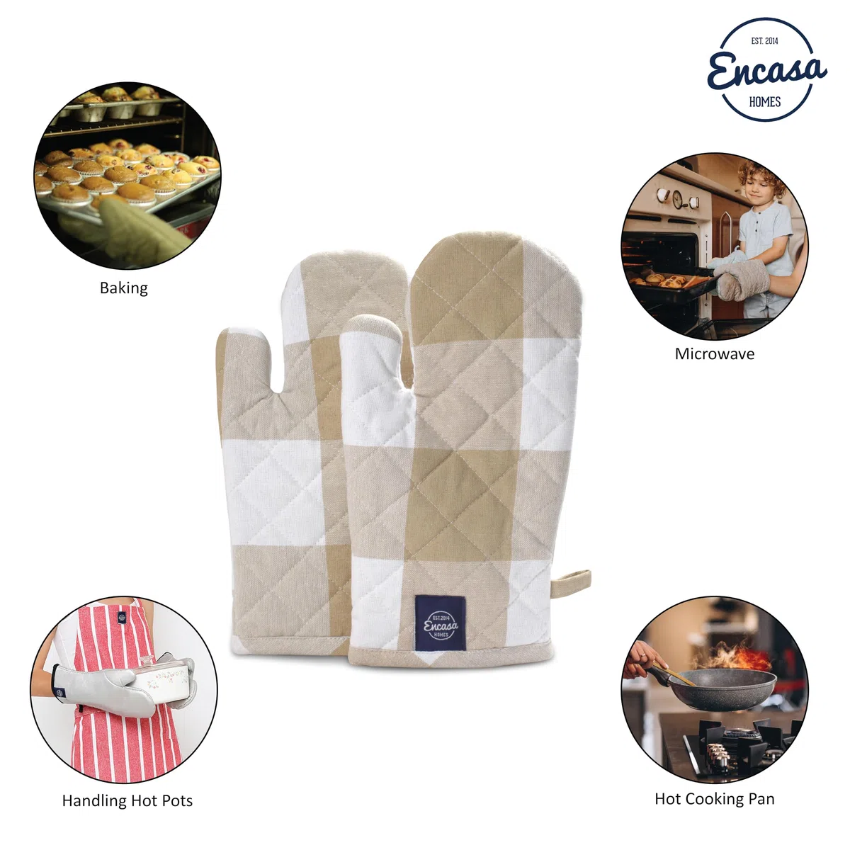 Encasa XO Long 18x30 cm Forno Microwave guanti guanti guanti da forno (2 pz set) per cucina cucina e cottura - Resistente al calore, spessa e sicura - Controlli di bufalo beige