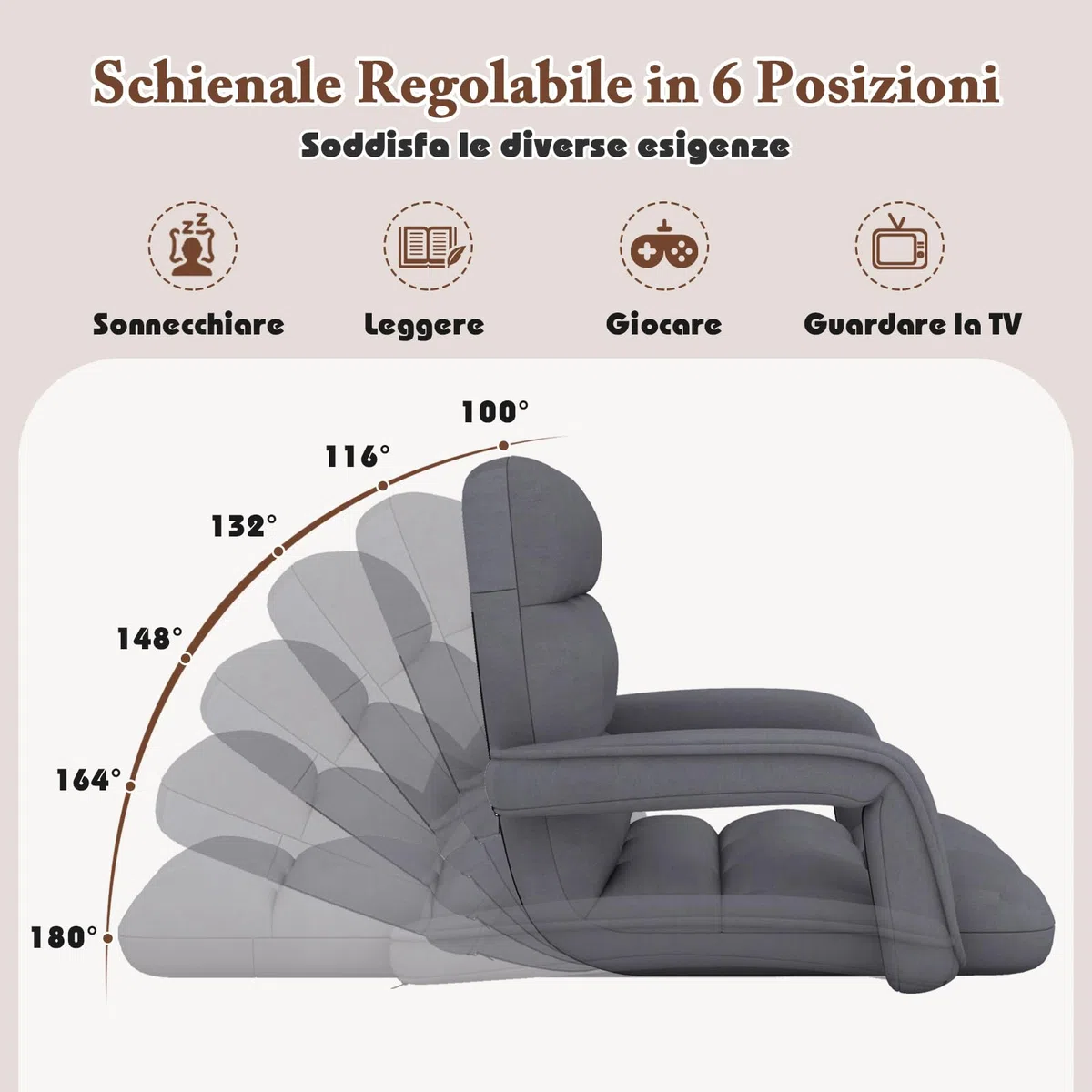 COSTWAY Sedia da Pavimento, Poltrona Divano con Schienale Regolabile 6 Livelli, Sedia Terra con Braccioli, Chaise Lounge per Soggiorno Camera da Letto, 60 x 64 x 54 cm