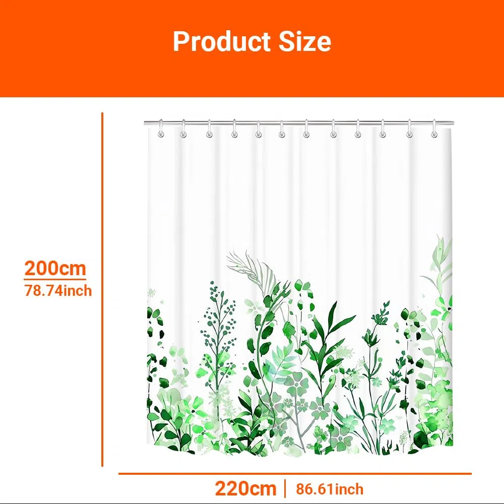 Lerores Tenda da doccia 220 x 200 cm, verde foglie, orlo appesantito, antimuffa, tessuto impermeabile, lavabile, in poliestere, con occhielli e 14 anelli per tenda da doccia per bagno, vasca da bagno