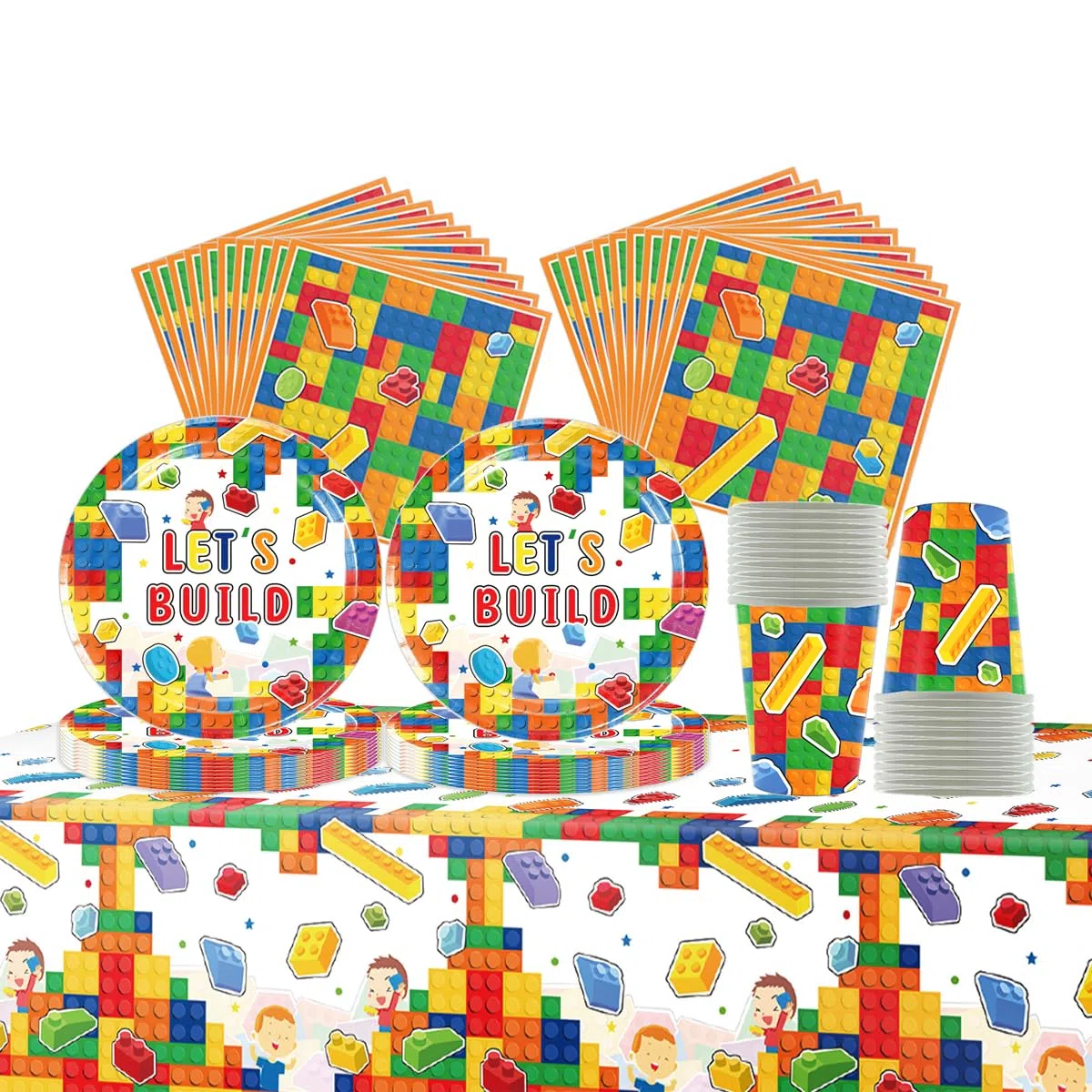 Blocchi di Costruzione Stoviglie per feste, Stoviglie per compleanni per bambini, mattoncini da costruzione Set di piatti di carta per feste, Compresi bicchieri, tovaglioli e tovaglie