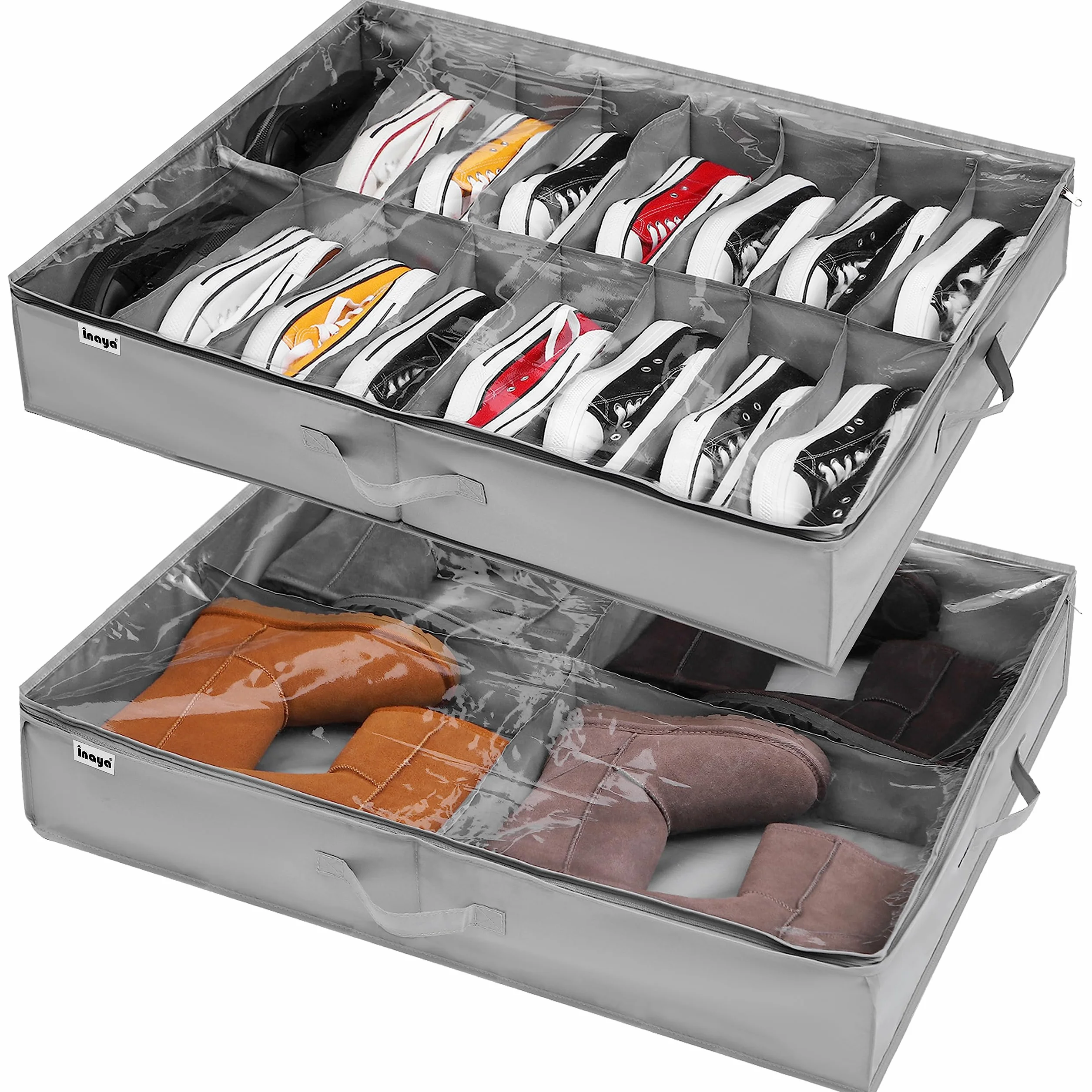 VAESIDA Porta Scarpe Pieghevole sotto Il Letto 2 Pezzi, per 16 + 4 paia di Stivali, Custodia Sottoletto Contenitori per Scarpe, Manici Rinforzati, Organizer Scarpe Trasparenti Divisori Regolabili