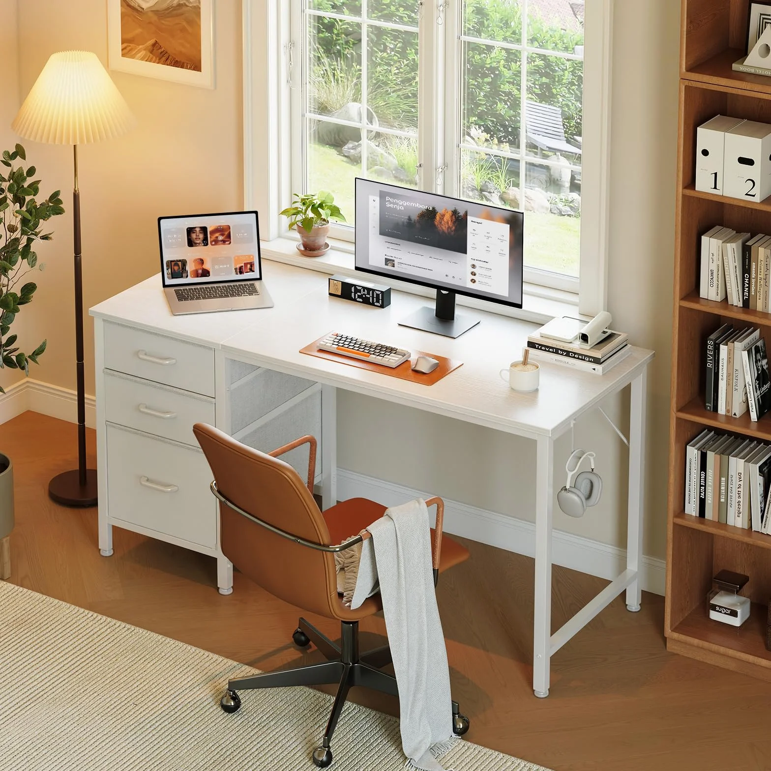 Coleshome Scrivania con 3 Cassetti in Tessuto, 120x48cm Scrivania Salvaspazio con Portacuffie, Bianco Scrivania Computer Reversibile per Piccolo Ufficio in Casa