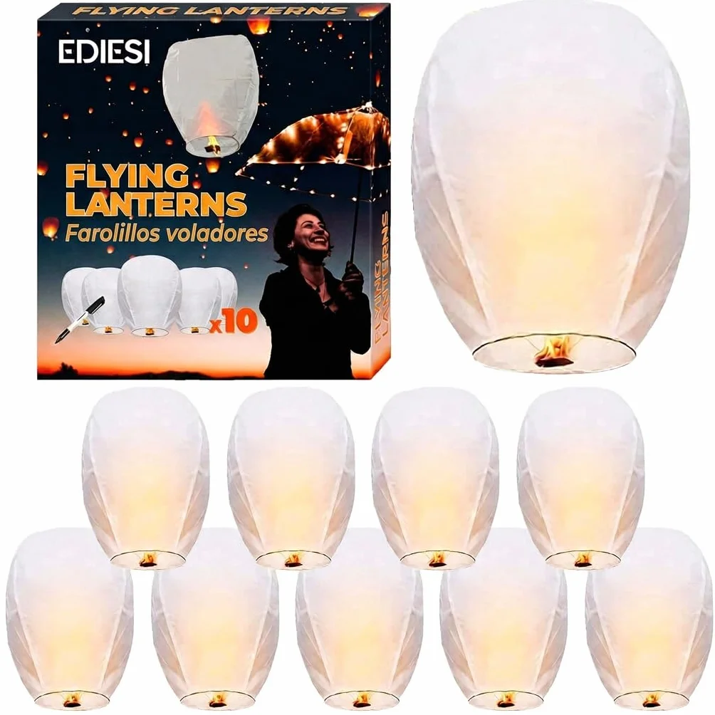 Ediesi, Lanterne Cinesi Volanti, 10 Pezzi, 100% Biodegradabile, di Carta, Bianco, Sky Lanterns, con un Pennarello per Scrivere i Desideri