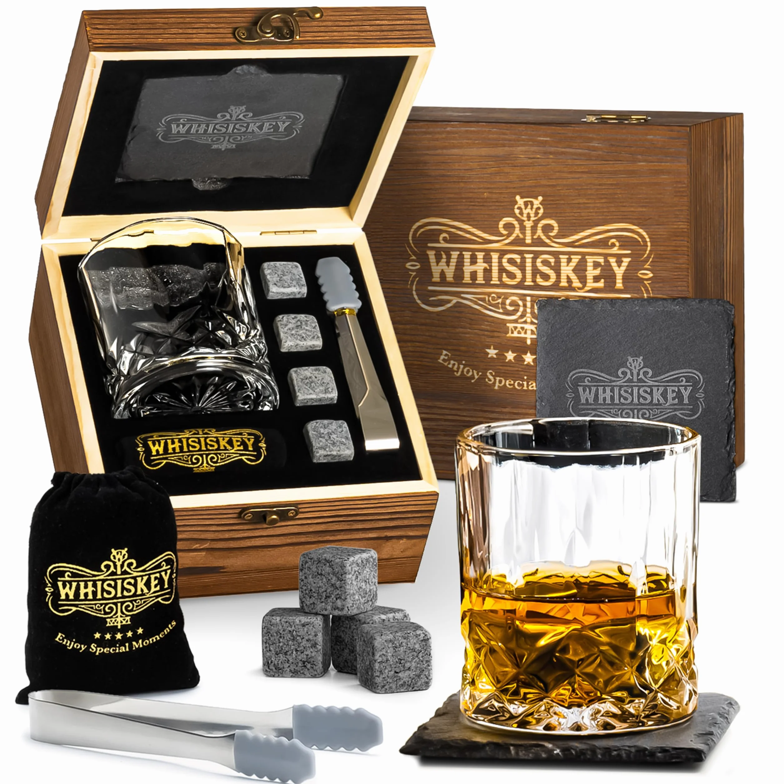 Whisiskey - Set di Bicchieri da whisky - Regali per Uomini - Set di Accessori per Whisky - Regalo Uomo - Set Include 1 Bicchiere in Vetro, Pinze, Sottobicchieri, 4 Cubetti di Ghiaccio Riutilizzabili