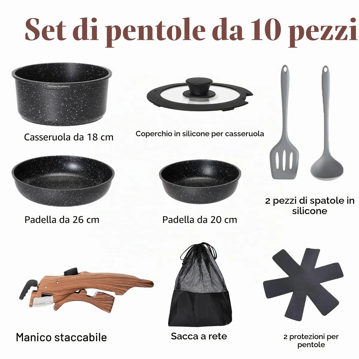 Kitchen Academy Set di pentole da 10 pezzi, Set di pentole e padelle con coperchi in vetro, Rivestimento in marmo, Rivestimento antiaderente, Adatto all'induzione, Manico liscio venato (Nero)