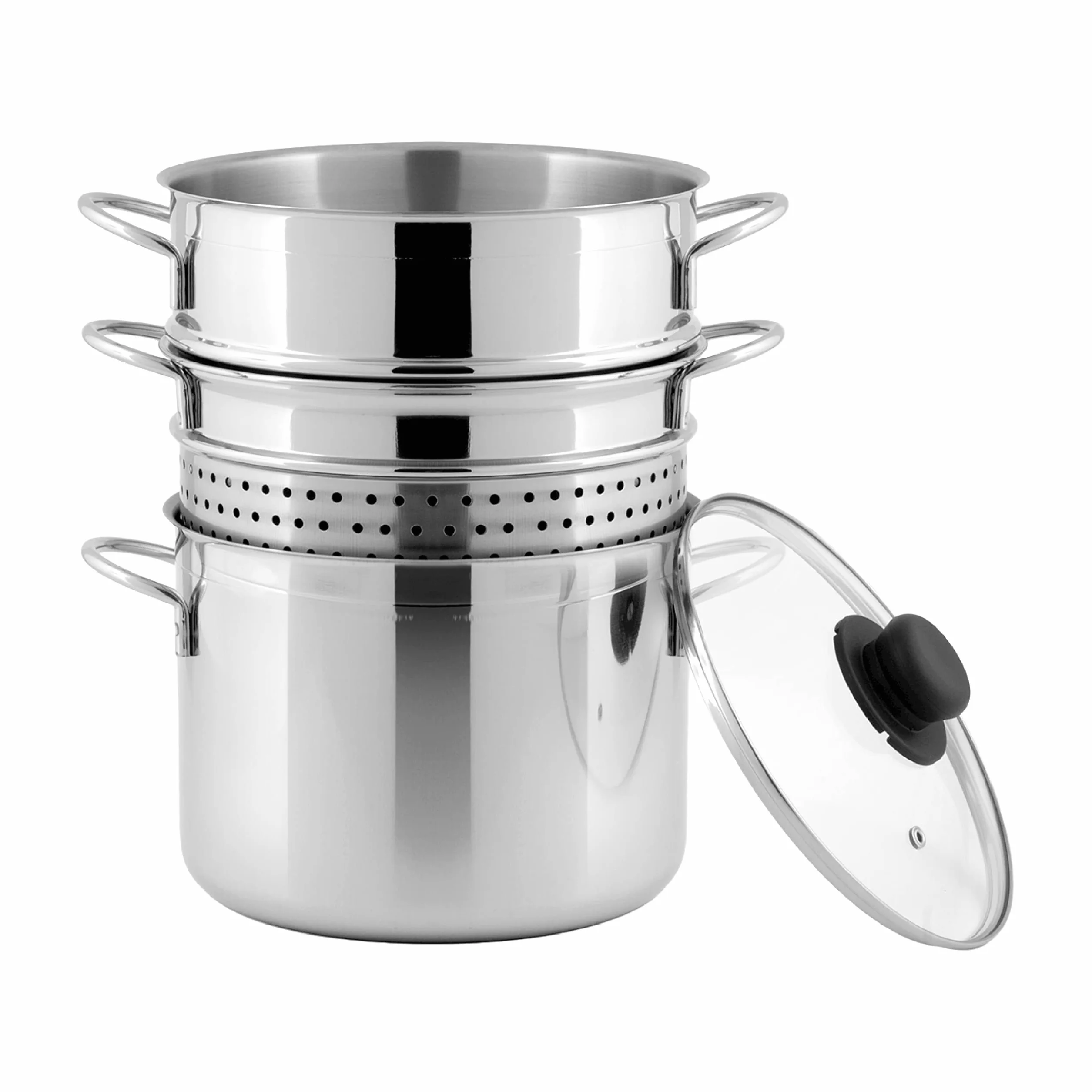 540629, Cuocipasta Inoxpasta in Acciaio Inossidabile, Cestello a Vapore con Coperchio in Vetro da 22 cm, Pentola e Scolapasta Insieme, Utilizzabile nel Gas, Piastra Elettrica e Vetro Ceramica
