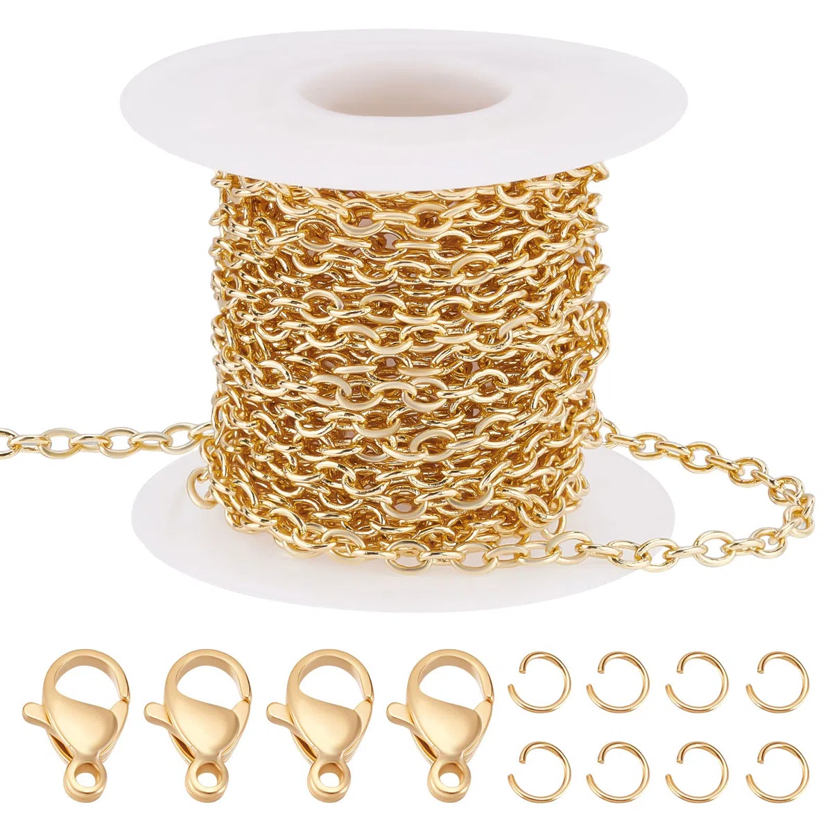Beebeecraft Catene Portacavi In Ottone Da 16.4 Piedi Catena A Maglie Ovali Piatte Placcate In Oro 18K con 20 Chiusure A Moschettone e 50 Anelli di Salto per Creazione di Braccialetti Orecchini Collana