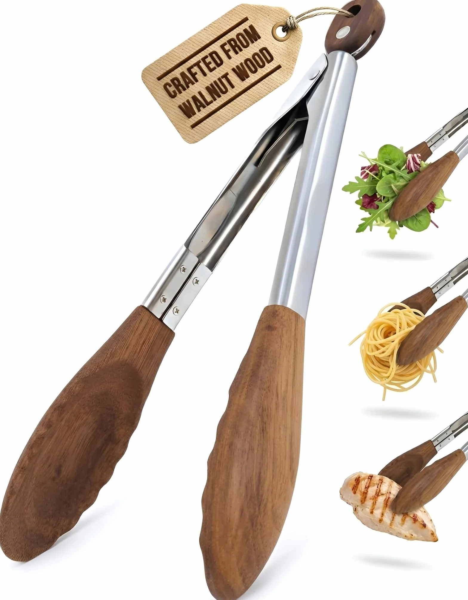 Pinze da cucina con punte in legno di noce 30cm - Pinze cucina legno antigraffio per pentole antiaderenti, barbecue e insalata - Acciaio inossidabile resistente al calore, atossiche senza BPA