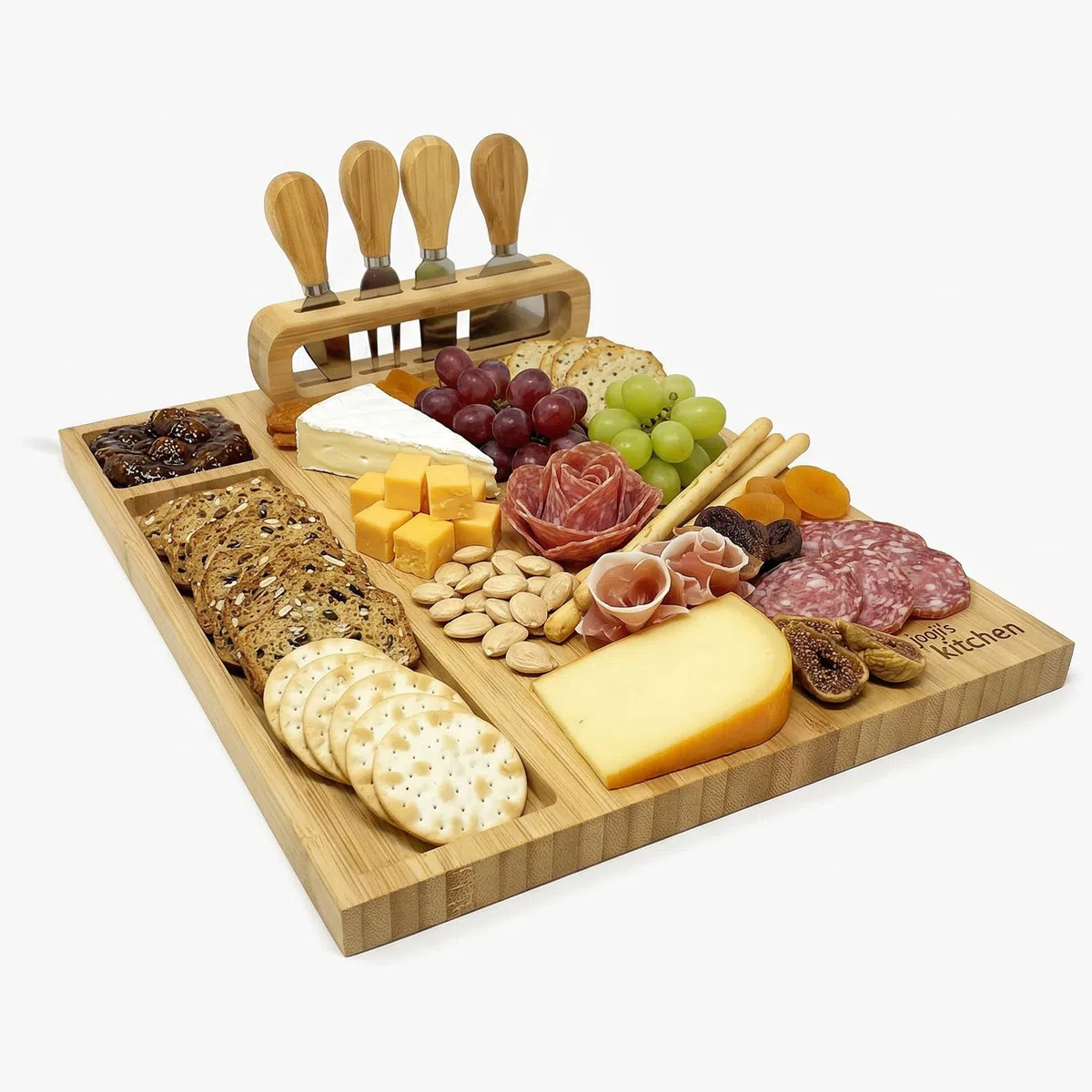 joeji's Kitchen Tagliere per Formaggi Aperitivo in Legno di Bambù - Set formaggio e coltelli con Quattro Utensili - Regali di Natale, regali di inaugurazione della casa, regali di anniversario