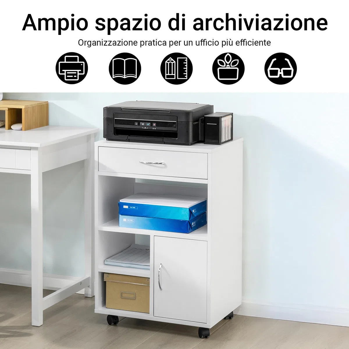 SoBuy Cassettiera Ufficio Cassettiera Scrivania con Ruote Porta Stampante Schedario da Ufficio con Cassetto, Anta e Ripiani Tavolino Salvaspazio Bianco 50x40x75cm FBT106-W