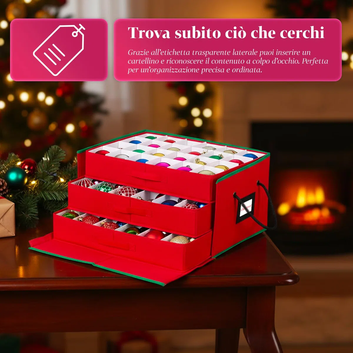 Wintem – Scatola Porta Addobbi di Natale con 3 Cassetti Estraibili per 72 Palline di Natale, Struttura Rigida in TNT 51x35x24 cm, Zip Robusta e Etichetta Trasparente per Conservazione Ordinata