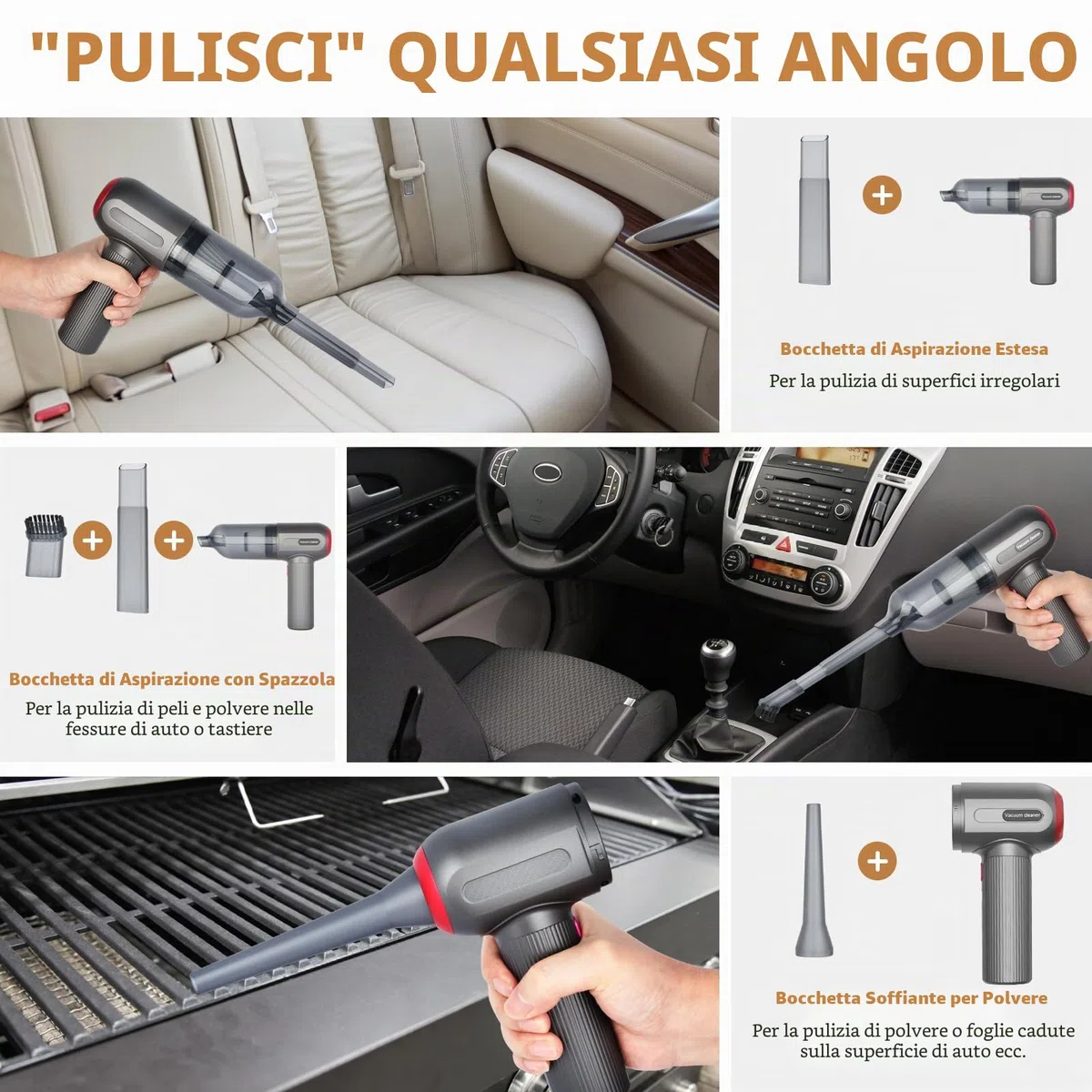 Tiazhan Aspirapolvere manuale, 9000 Pa, potente aspirapolvere a mano, 4 in 1, leggero soffiatore di polvere e aspirapolvere, display a LED, mini aspirapolvere ricaricabile USB, per auto (Grigio)
