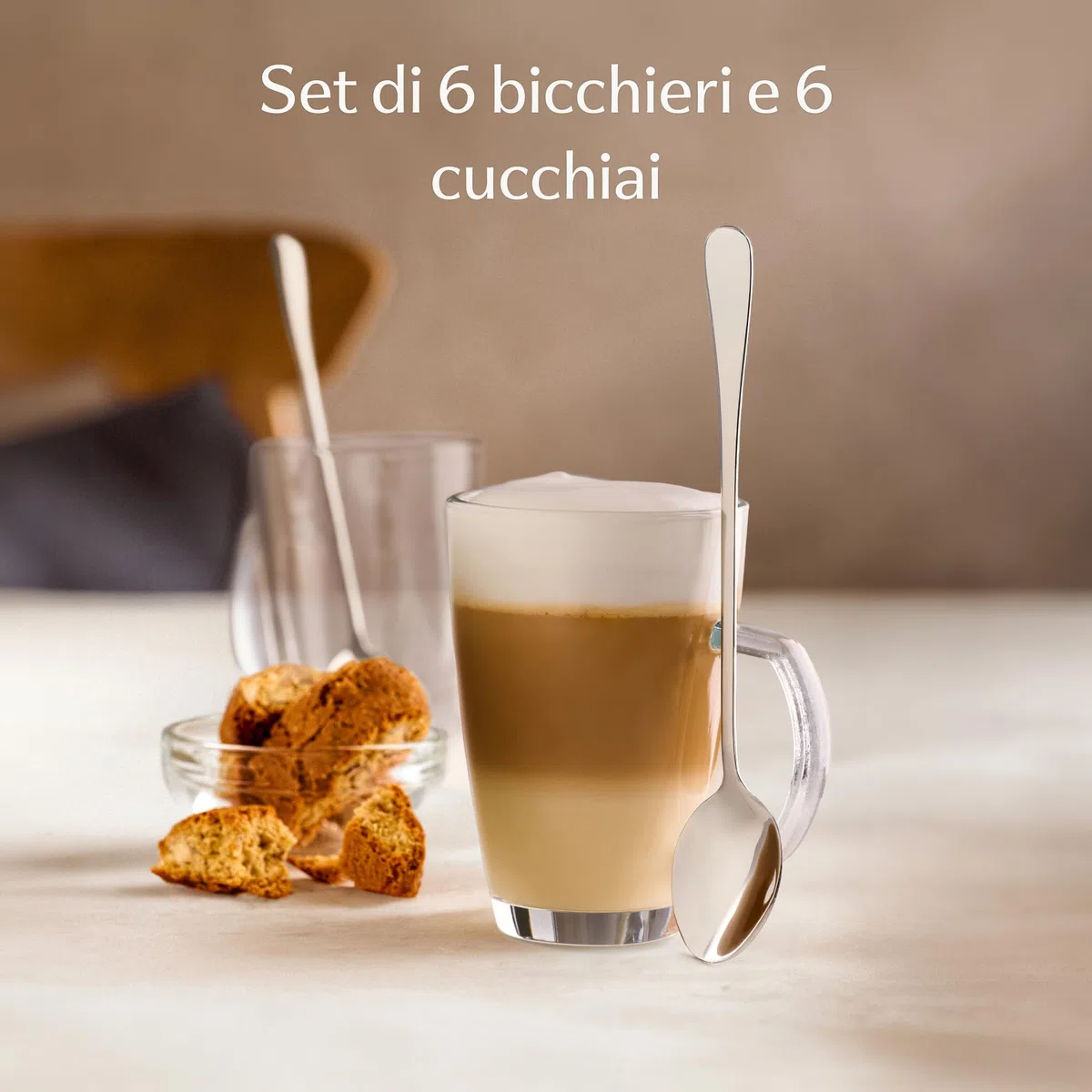 Cosumy 6 Tazze da Latte Macchiato con Cucchiaini Lunghi - 300ml - Mantengono il Calore - Lavabili in Lavastoviglie - Bicchieri da tè e da caffè