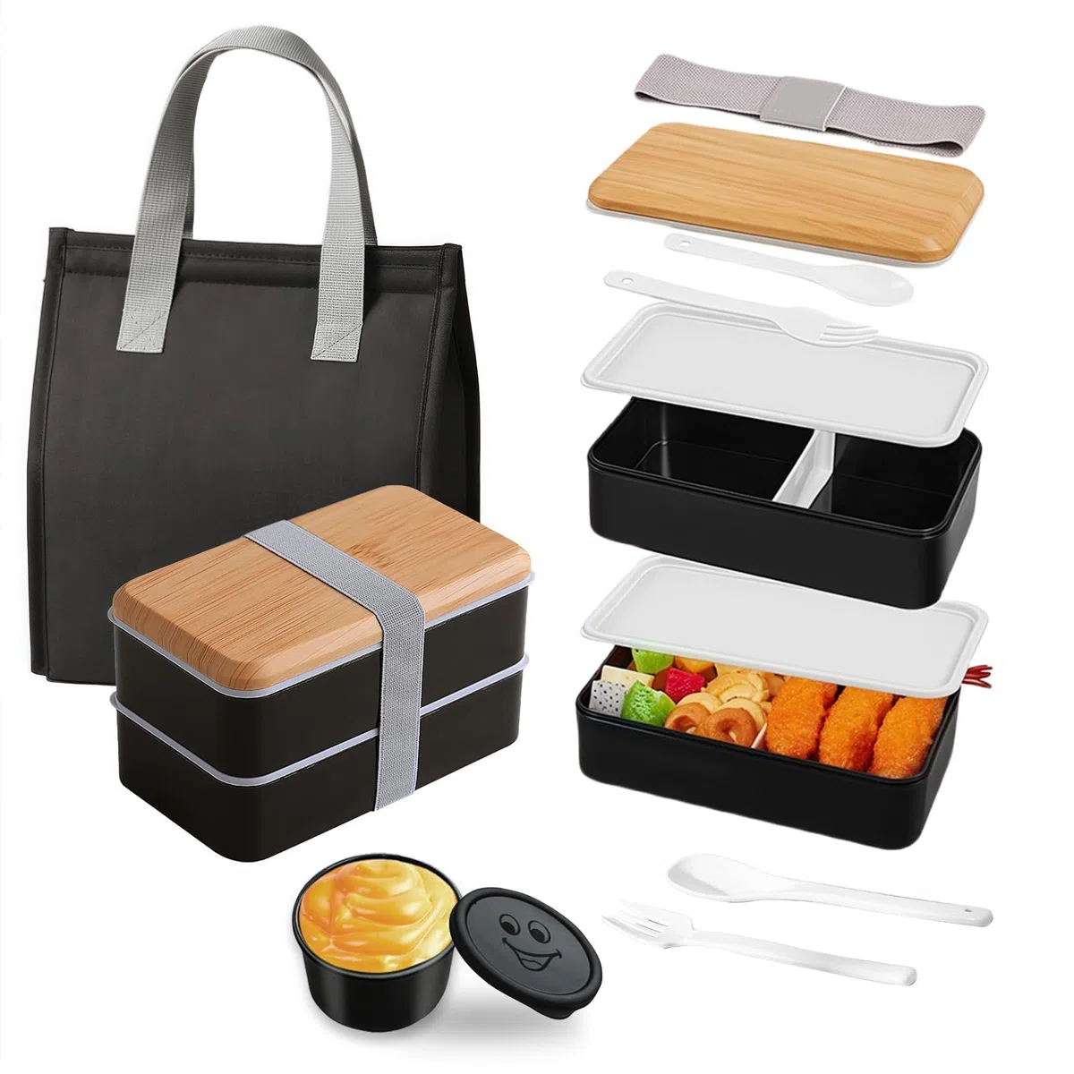 Porta Pranzo Set, 1400 ml Lunch Box con Borsa Termica e Posate, Schiscetta Portapranzo Ermetico per Microonde e Lavastoviglie, Bento Box per Lavoro Picnic Ufficio (Nero)