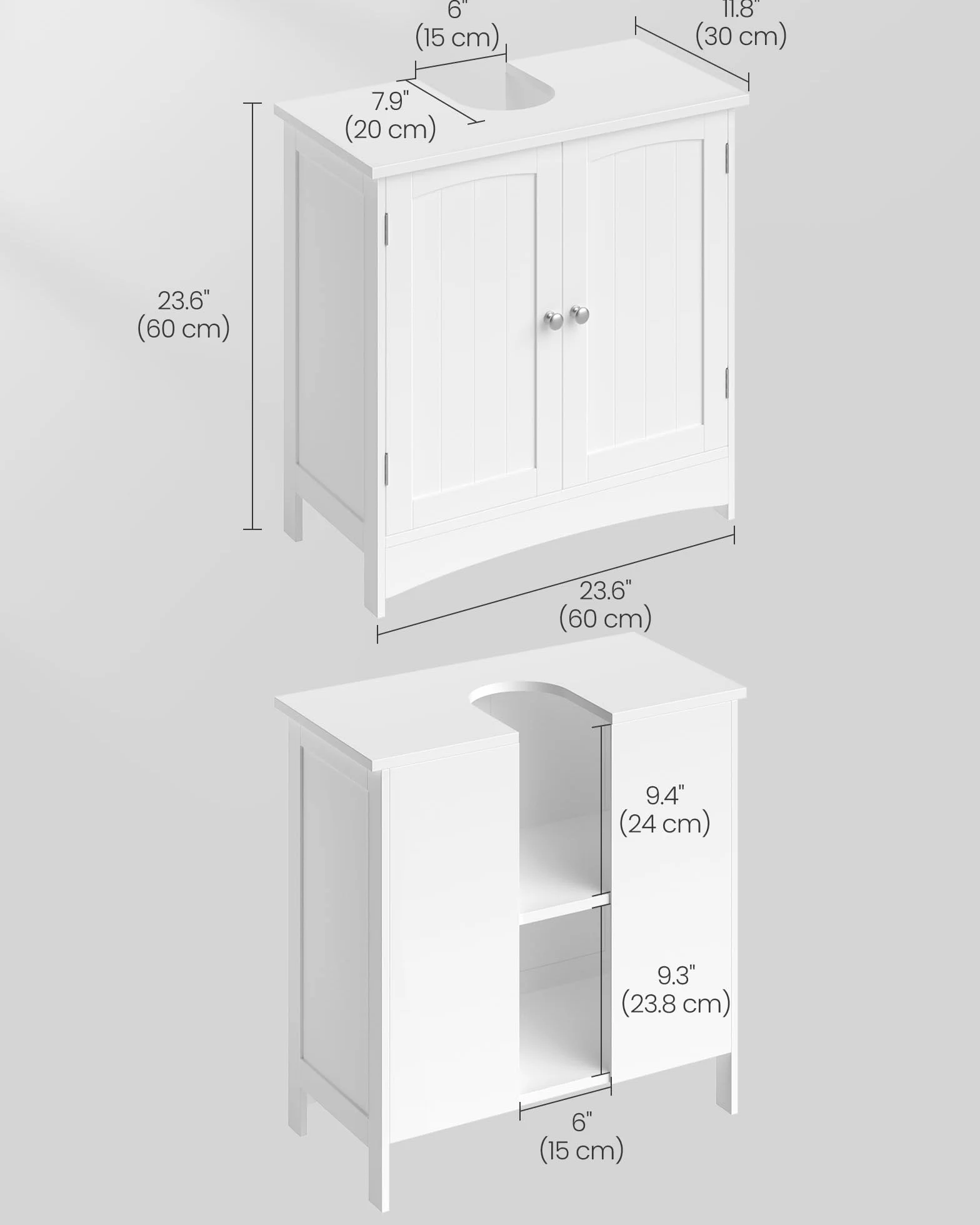 VASAGLE Mobiletto Sottolavandino Armadietto Sottolavabo Scaffale per Il Bagno con 2 Ante 2 Scompartimenti Ripiani Regolabili a Prova di umidità 60 x 30 x 60 cm Bianco BBC01WT