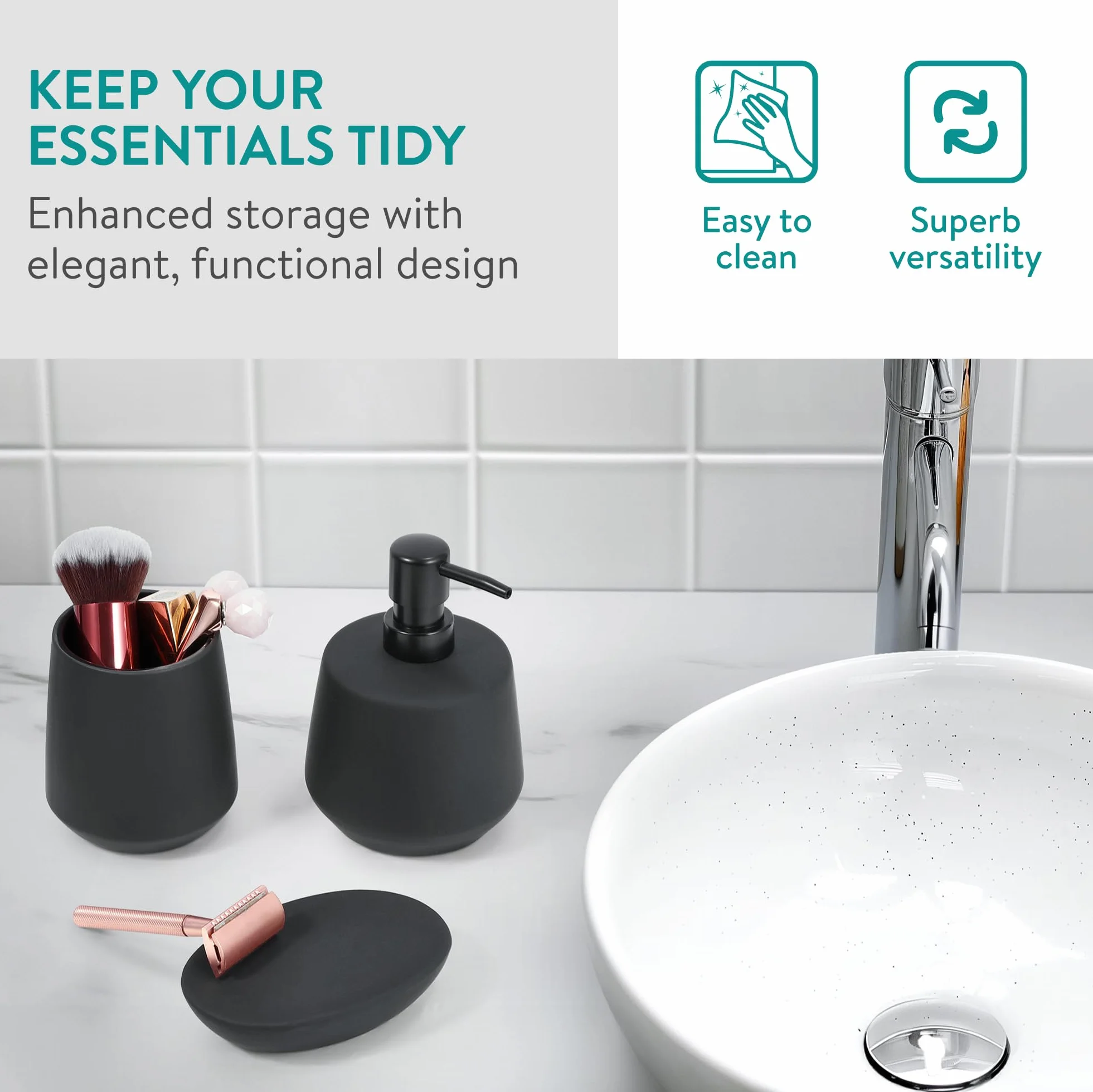 Navaris Set da Bagno Accessori Completo Nero - Include Portasapone Liquido Porta Sapone e Porta Spazzolini - Kit Bagno Moderno - in Ceramica Nera - Design Antiscivolo - Versatile