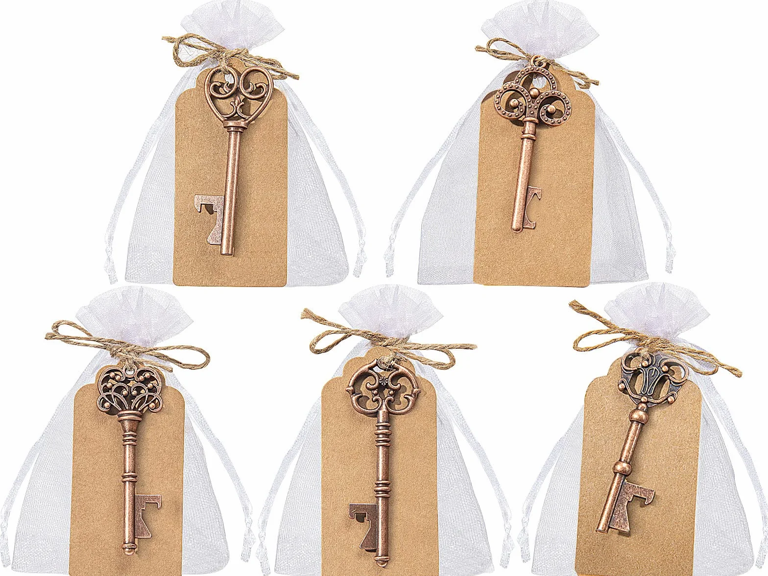 GoMaihe 50pcs Bomboniere Matrimonio Chiave Apribottiglie, 5 Stili retrò con Borsa Trasparente, Etichetta Regalo Decorazione Tavola di Nozze Compleanno, Battesimo Cresima Regali di Anniversario
