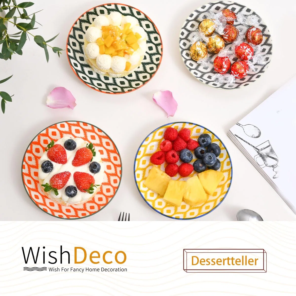 WishDeco Set di 6 Piatti da Dessert, Piatti Piccoli Porcellana 15 cm, Piatto Piani Colorati, Servizio Piatto Moderni per Insalata, Torta, Pasta