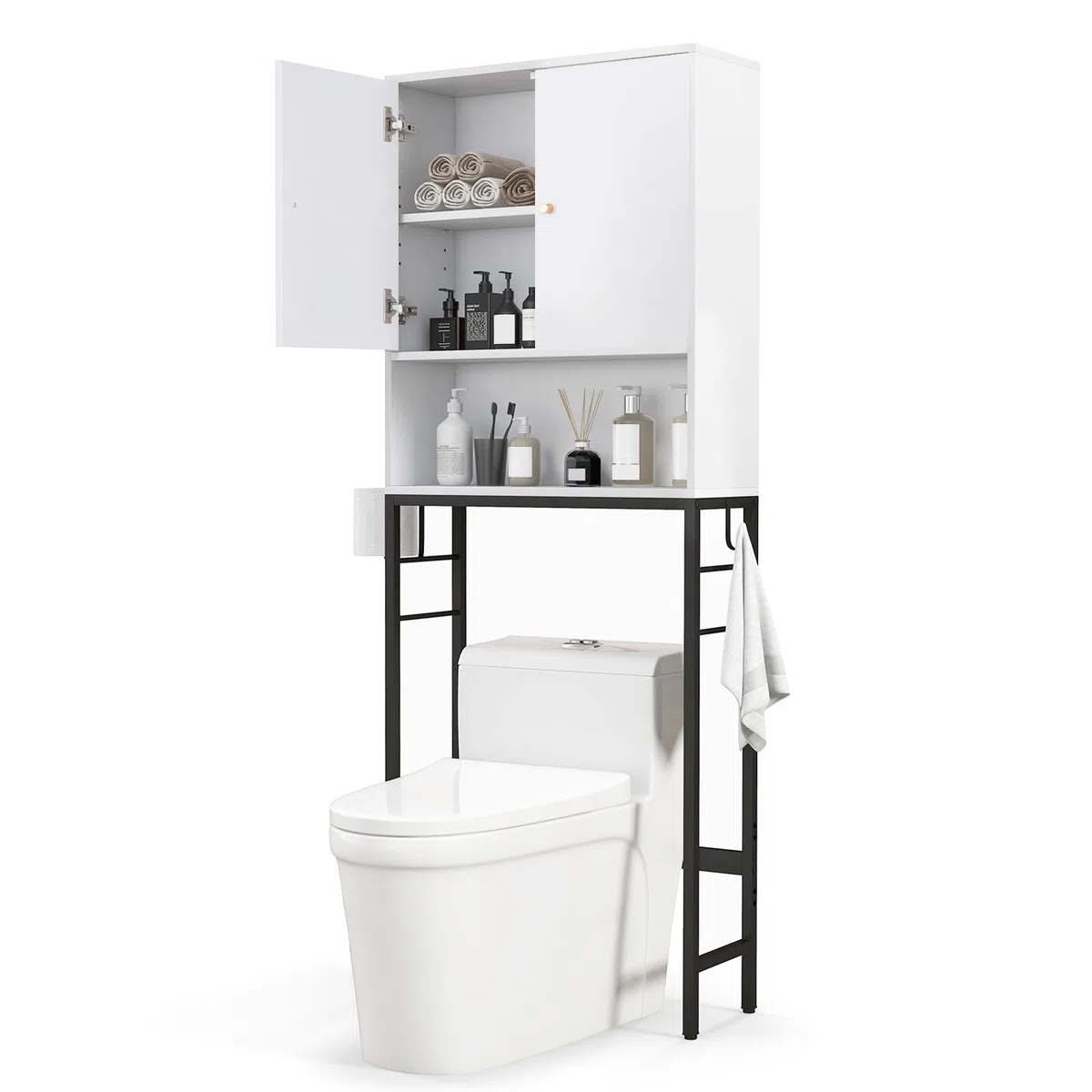LIFEZEAL Mobile sopra il WC Mensola indipendente per bagno con 2 porte, armadio da pavimento con ripiani regolabili e 2 ganci laterali, organizer sopra WC per lavanderia (bianco)