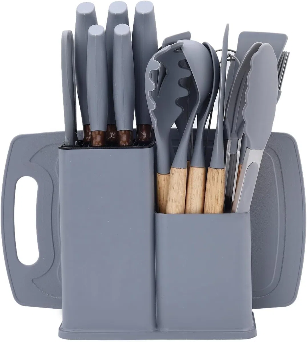 Set Coltelli da Cucina, pacchetto di utensili da Cucina da 19 pezzi, comprende 5 coltelli e 13 utensili da cucina in silicone, oltre a 1 scatola di stoccaggio (grigio)