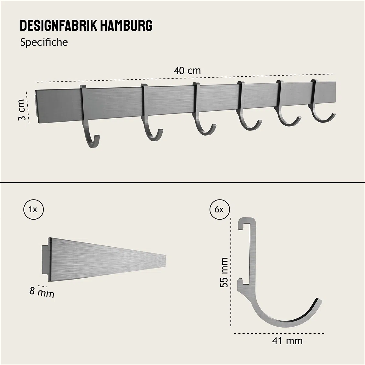 Design Amburgo Porta mestoli da cucina adesivo | Porta utensili da cucina senza forare | Barra portautensili cucina | 6 Ganci semoventi | Portamestoli cucina design moderno grigio argento 40 cm
