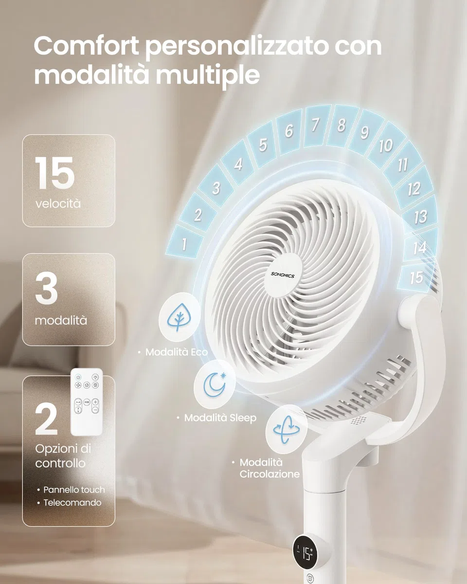 SONGMICS Ventilatore a Piantana, Ventilatore Silenzioso 20 dB, Telecomando, Camera da Letto, Oscillante 120°+135°, 15 Velocità, Timer 15 Ore, 3 Modalità, Altezza Regolabile, Bianco Nuvola XFC002W1EU