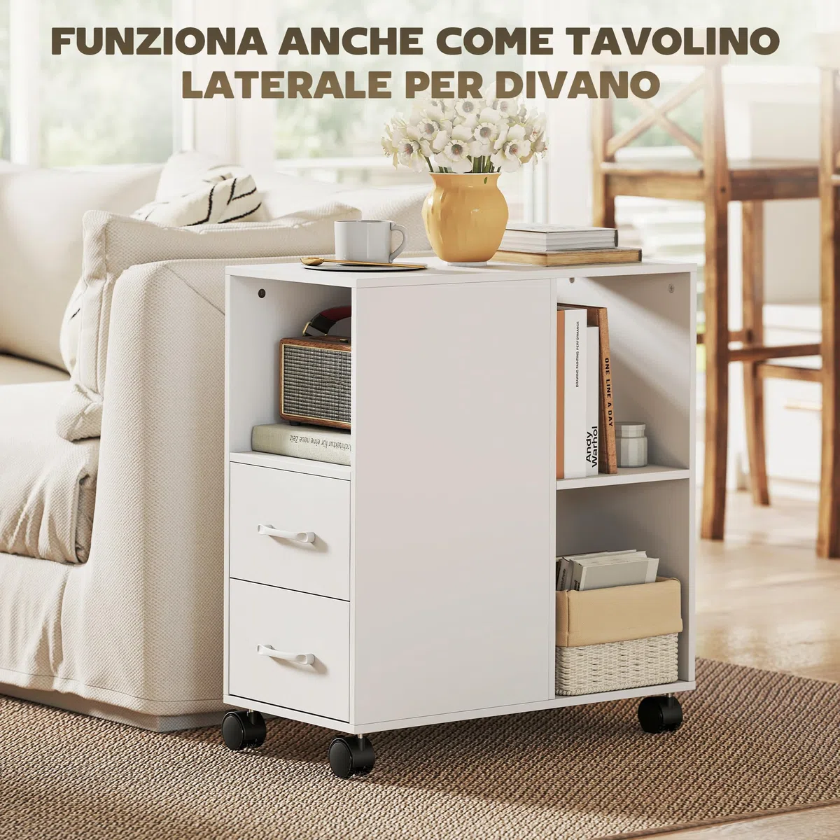 HOMCOM Mobile Porta Stampante a Rotelle con 2 Cassetti, Vano Aperto e Ripiano Regolabile, Mobile Stampante per Documenti da Ufficio e Studio, 60x30x65 cm, Bianco