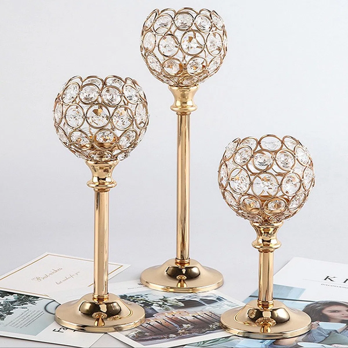 Set di 3 portacandele in cristallo dorato, per tavolo di nozze e decorazioni natalizie, 17/22/27 cm, decorazione da tavolo per cena
