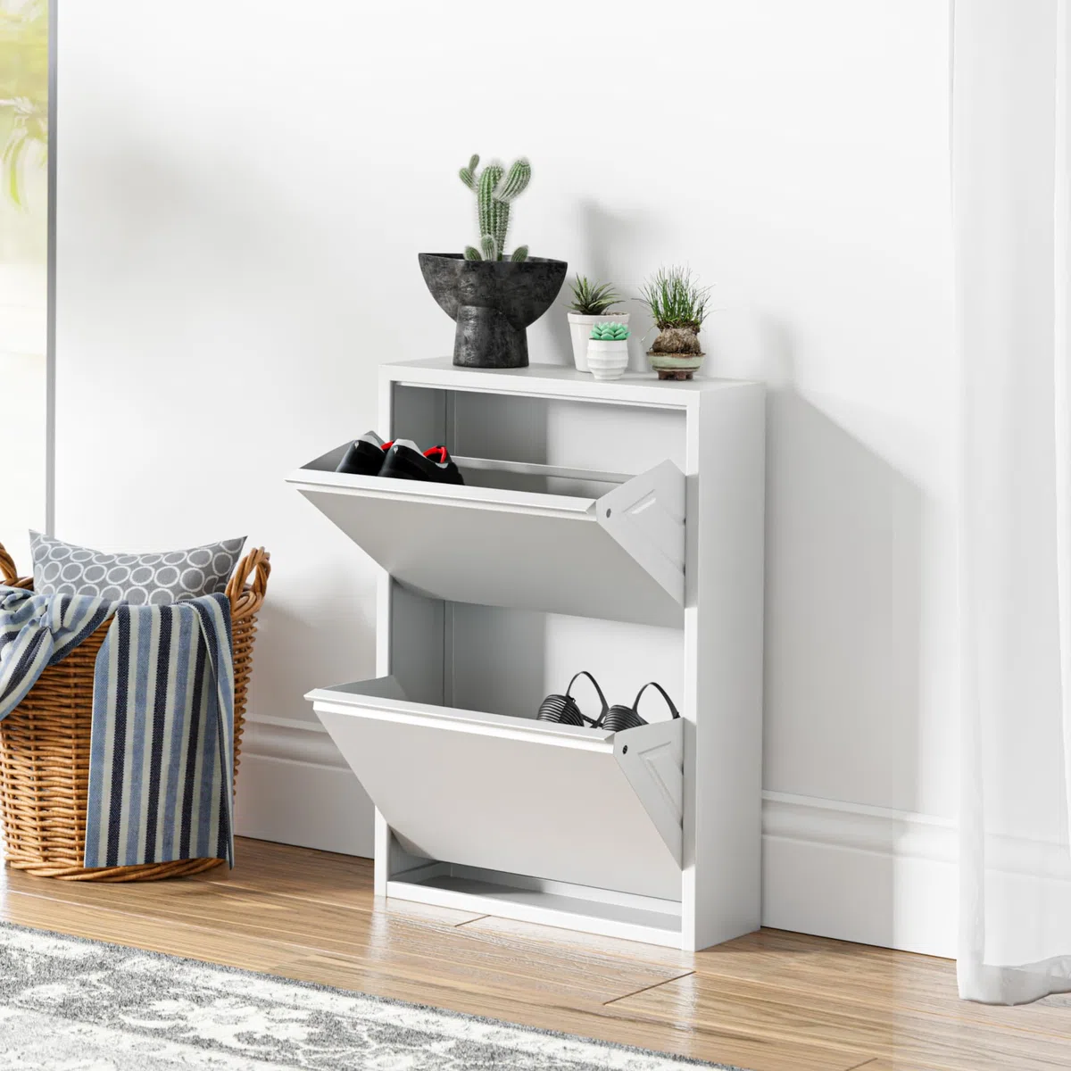 [en.casa] Scarpiera Salvaspazio con 2 Contenitori Ribaltabili Portascarpe in Metallo Mobile per Ingresso Giardino Spogliatoio - Bianco